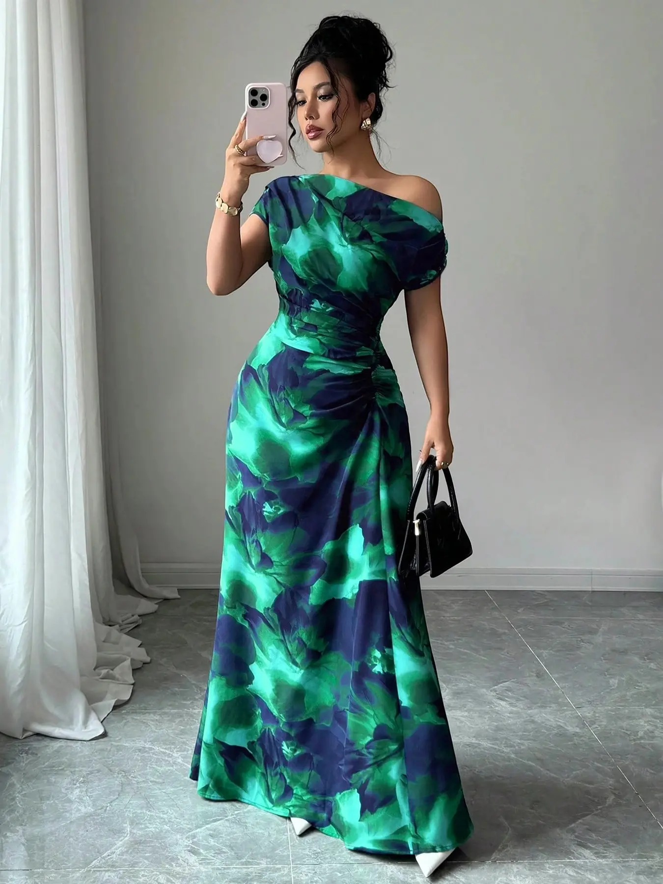 Women's Minimalist Print Asymmetrical Ruffled Dress with Shoulder and Waist Details, Elegant Chic Formal Fashion for Parties and Casual Outings