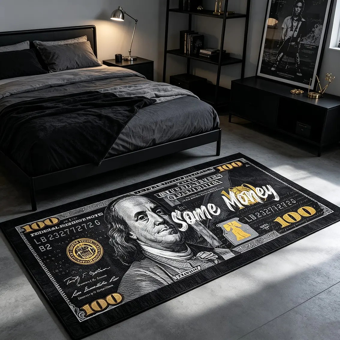 Creative Black Gold Hundred-Yuan Bill Long Rectangular Carpet Trendy Cool American Fuzzy Floor Mat Bedroom Bed Tail Anti-Slip Foot Pad Suitable for Dark Industrial / Streetwear Fashion