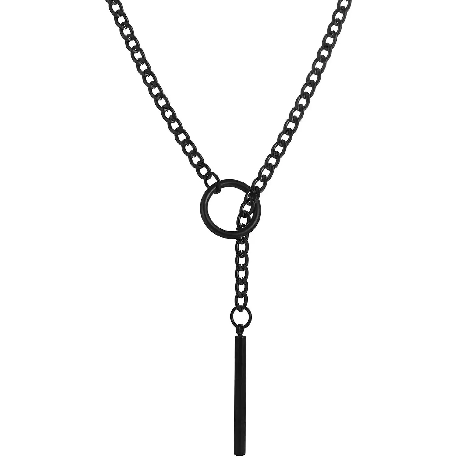 Women's Stainless Steel Chain Jewelry Necklaces - Adjustable Length O-Ring Lariat Y-Necklace, Punk Gothic Cuban Choker with Cylindrical Pendant, Multi-Size Gift-Ready Accessory