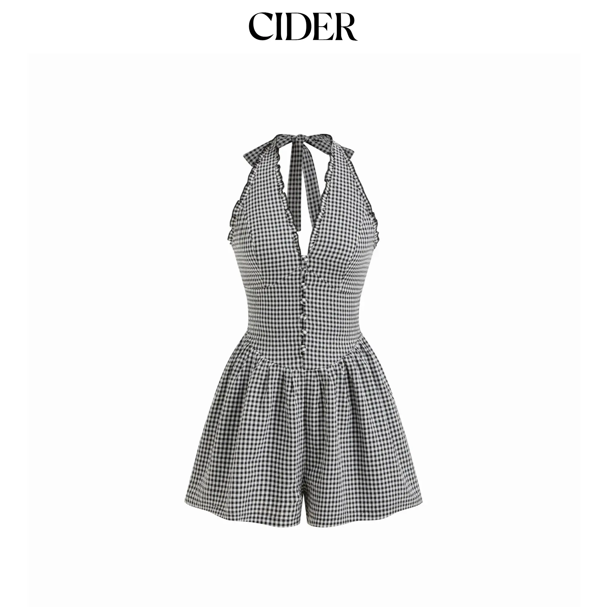 Cider Gingham Halter Neckline Shirred Romper
