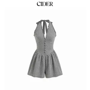 Cider Gingham Halter Neckline Shirred Romper