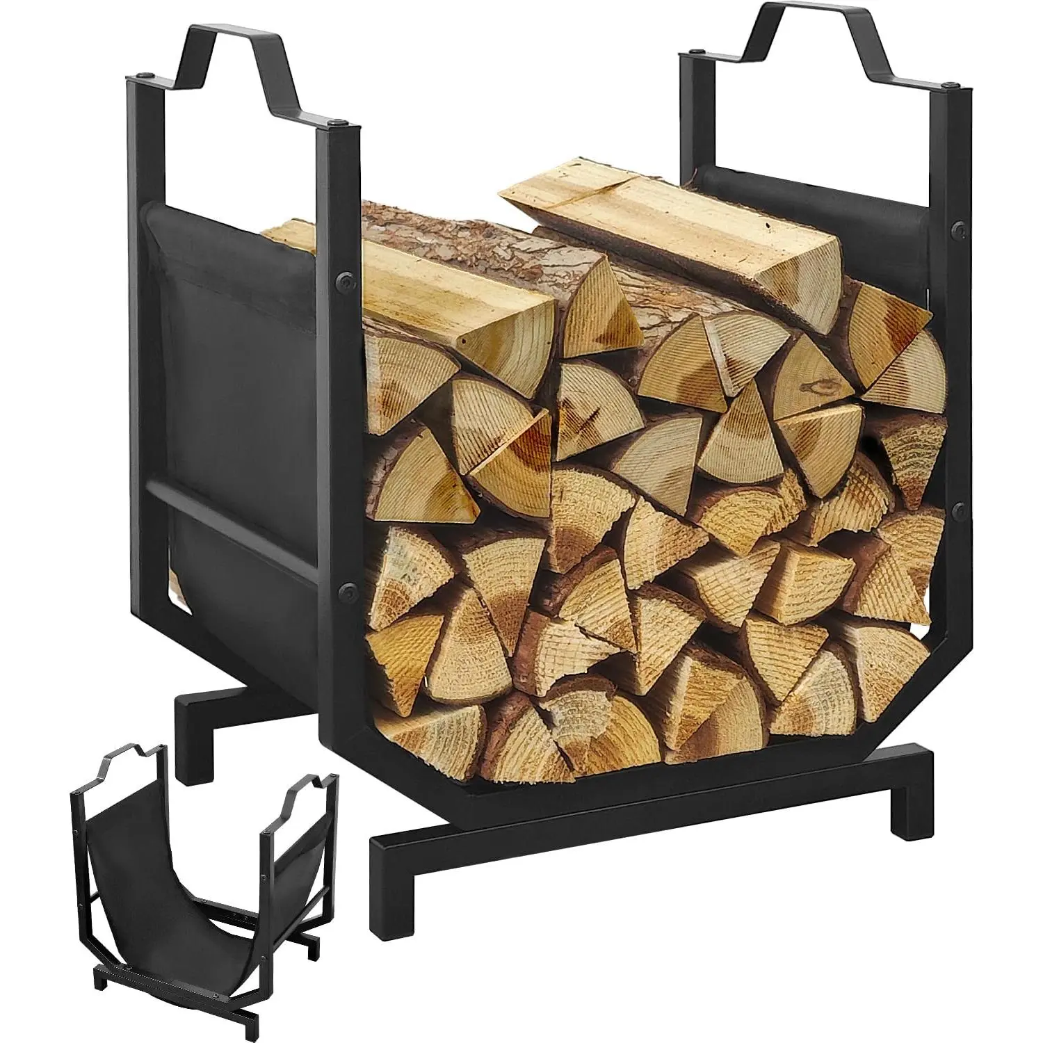 Firewood Rack Indoor Outdoor, Log Firewood Holder Indoor with Leakproof Bag, Heavy Duty Metal Wood Rack for Fireplace Patio Deck, Firewood Storage Rack Organizer Tool, Waterproof & Rustproof, Black