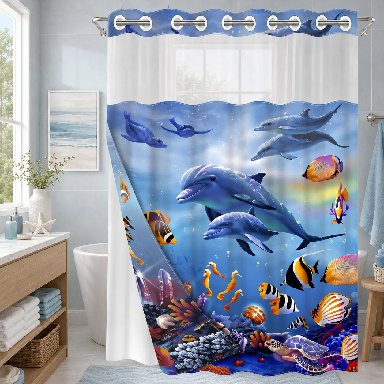 1 Hookless Double Layer Tropical Shower Curtain, Bathroom Curtains Shower, Underwater Dolphin Print, Machine Washable Waterproof Mildew Resistant Fabric, Ocean Vibe Bathroom Decor, Removable Snap-in Liner, Top See-Through - 71"×74