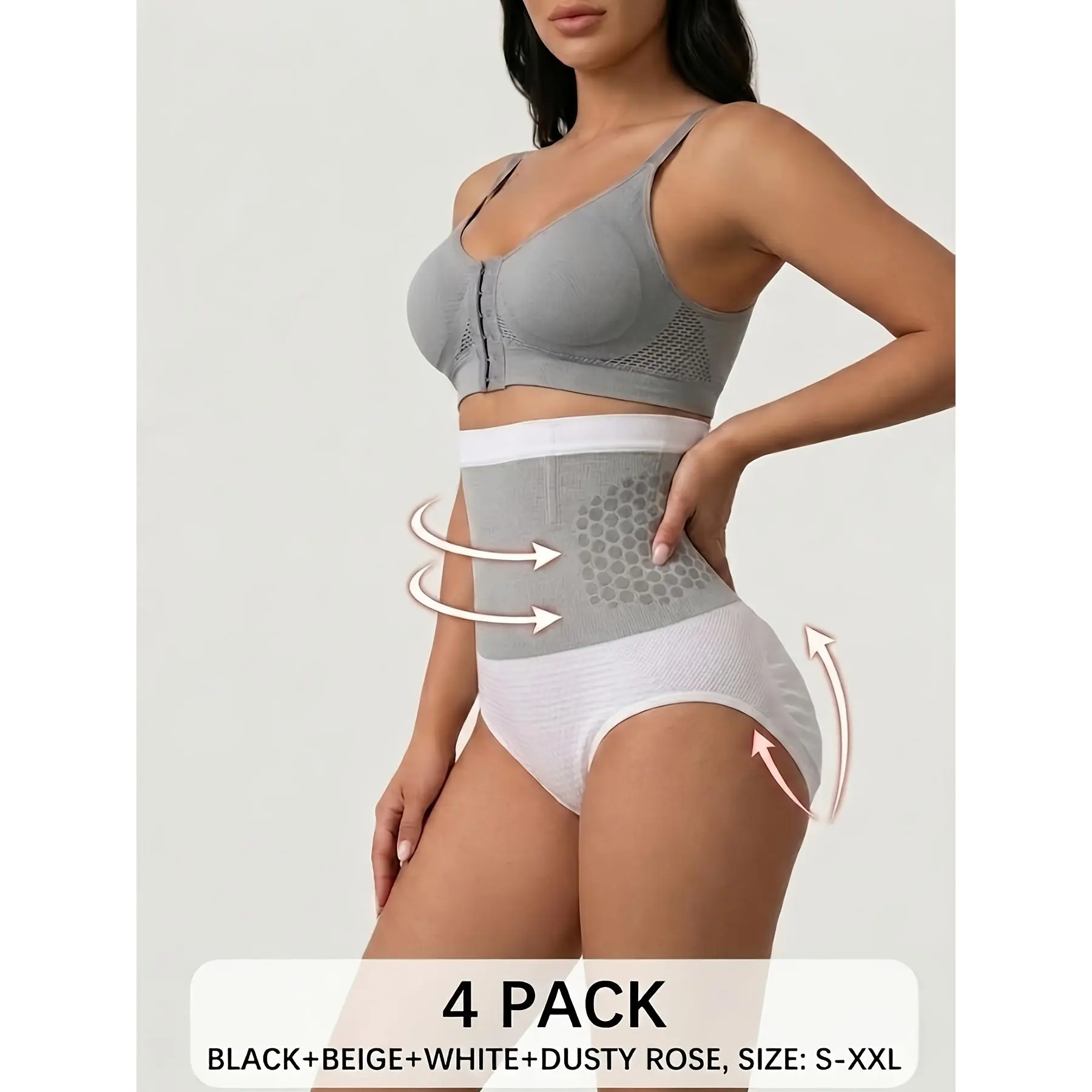 Women's 4-Pack Elastane-Polyamide Blend Waisted Tummy Control Compression Activewear Briefs - Silicone Dots, Warm Belly Knit, Breathable Butt Lifting Underwear