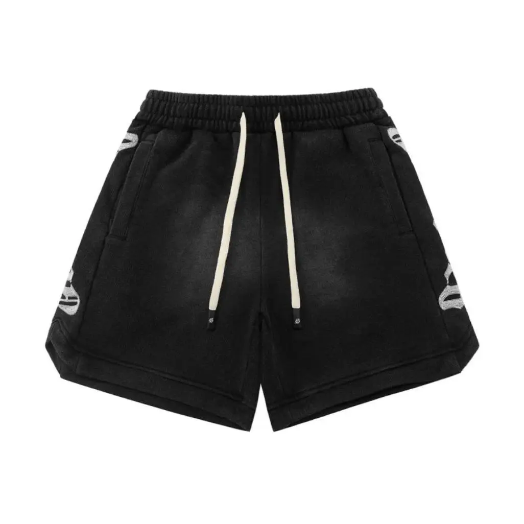 GODSPEED Men's Gradient Washed Pure Cotton Sweat Shorts - Embroidered, Graphic, Customizable, Matching Drawstring, Soft Elastic Breathable Knit Fabric, High Street Casual Summer Streetwear, Reinforced Stitching, Above the Knee Menswear Bottoms, Embroidery