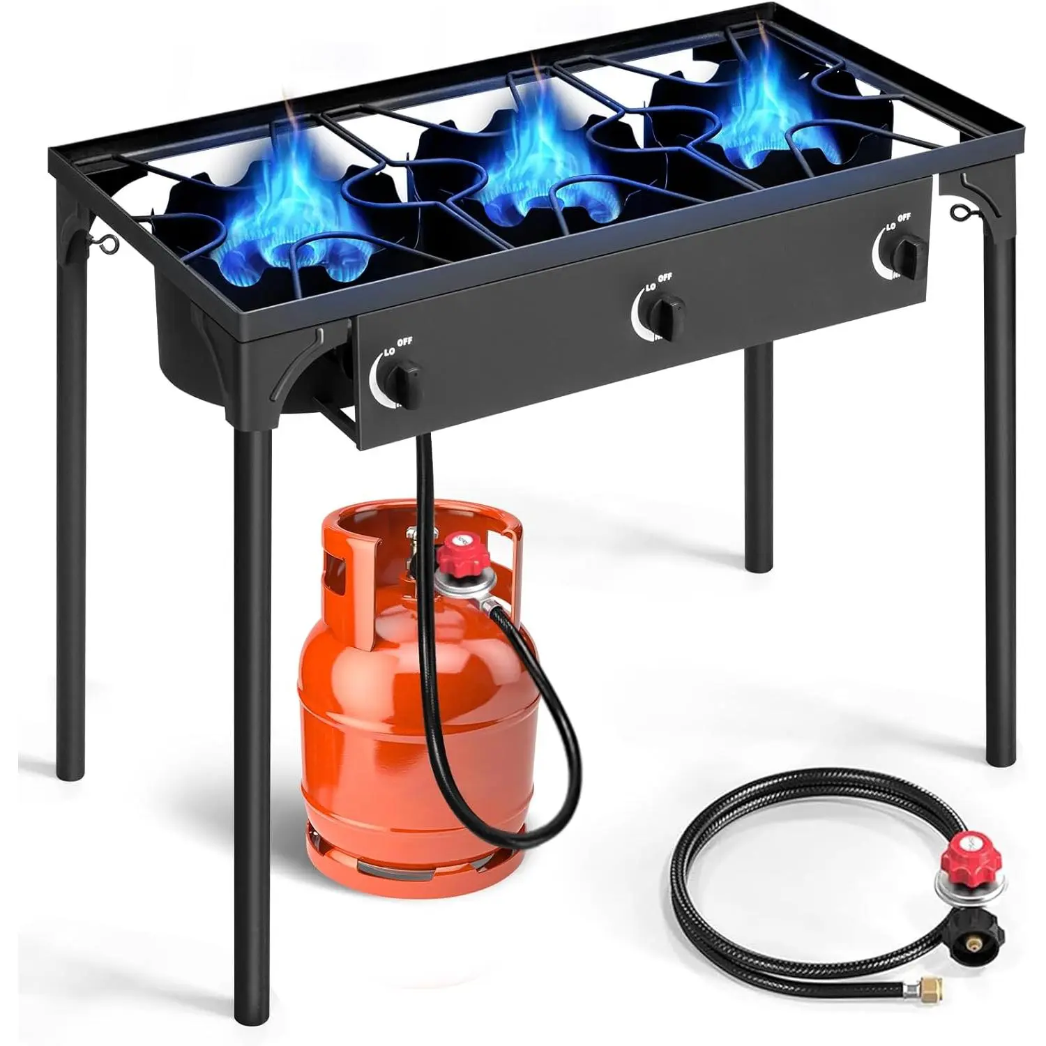 3 Burner Propane Gas Stove for Outdoor Cooking, 225,000 BTU Camping Cooker with Removable Legs, Temperature Control Knobs for Backyard Cooking, BBQ, Baking and Frying