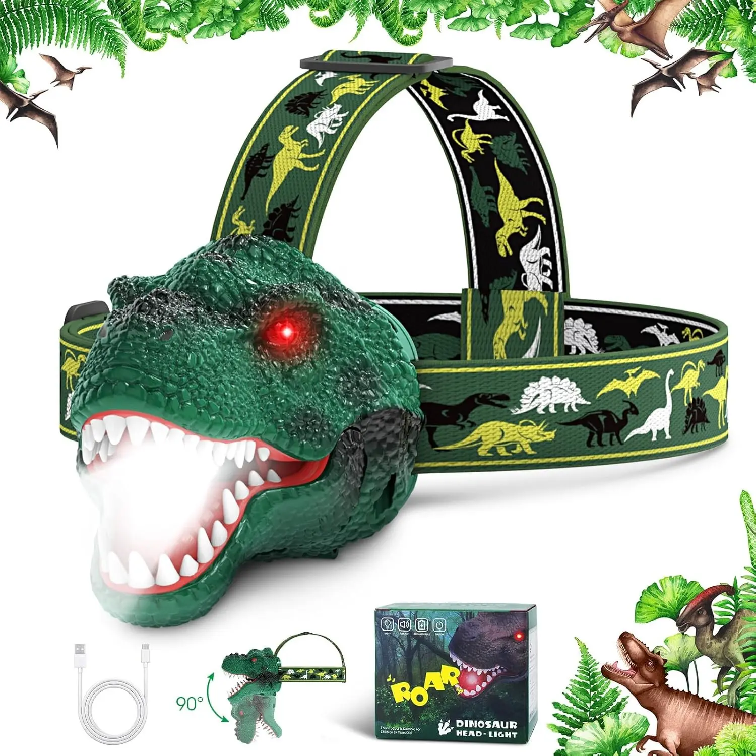 Dinosaur Headlamp for Kids Flashlight Rechargeable Led Dino Head Lamp Roar & Silent Mode, T-Rex Dinosaur Toys for Kids, Camping Gear,  Gifts for Boys Girls Adults