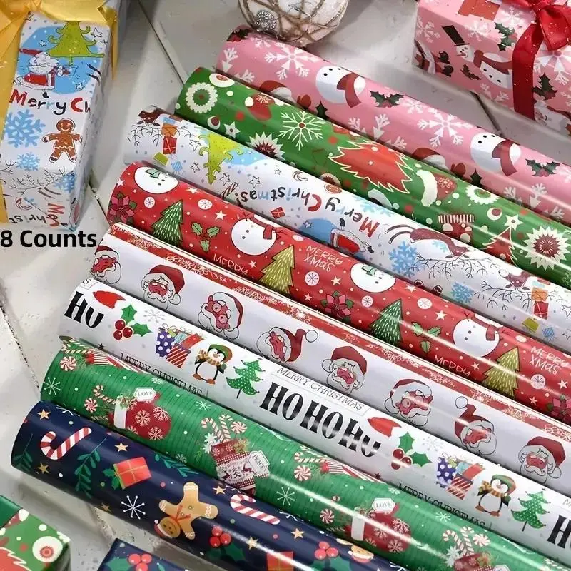8pcs Shiny Christmas Gift Wrapping Set, Santa & Tree Design on Both-Sided Copper Paper, Holiday Illustrations, College Specifications