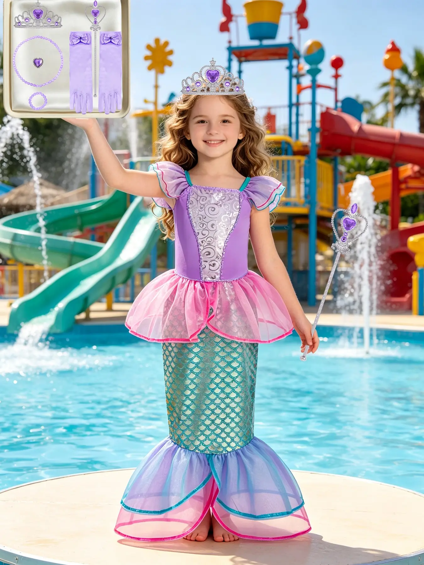 Kids Dreamy Gradient Ocean Mermaid Costume Set, Silver Swirl Sequin Bodice Multi-Layer Color Tulle Mermaid Skirt, Gift Box Complete Outfit with Tiara Scepter Gloves Jewelry