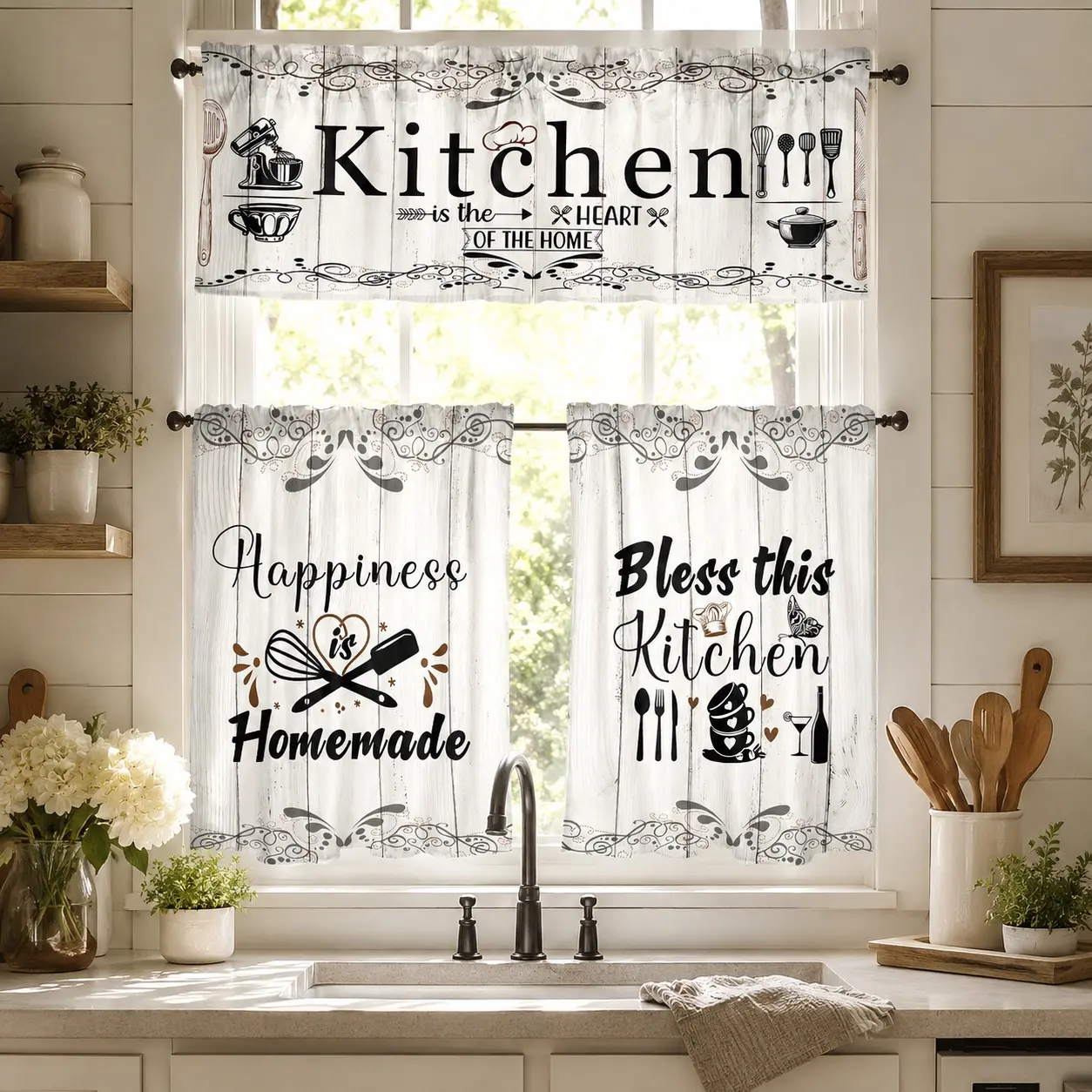 SoftHaven Home Made in USA Vintage Rustic Farmhouse 3-Piece Kitchen Curtains & Valances Set, Elegant Country Style Rod Pocket Window Drapes, Reusable Washable Polyester Home Decor for Kitchen Windows, Kitchen Decor Ideas, Vintage Kitchen Decor