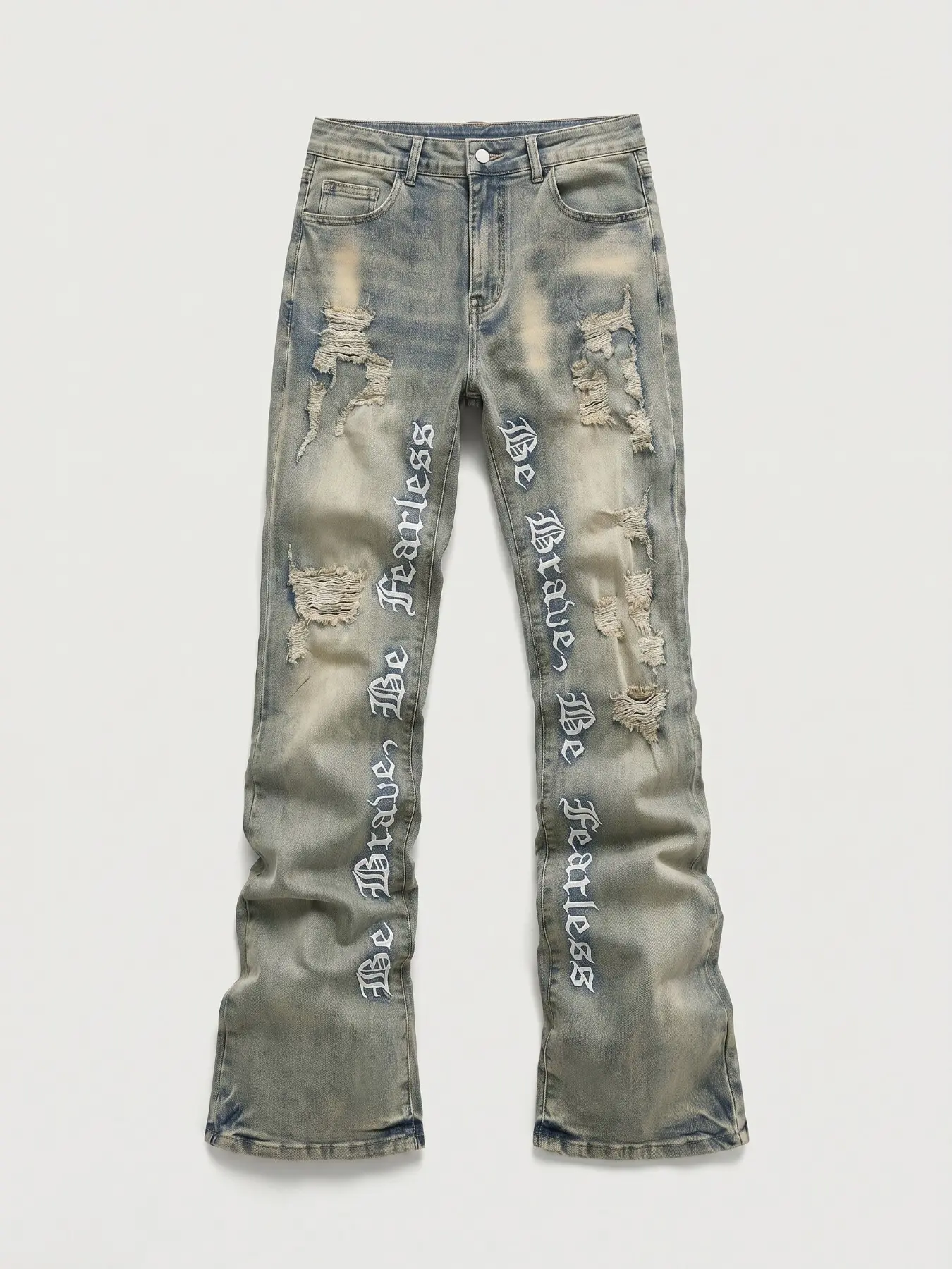 Men's Embroidered Jeans, Micro Flare Denim Jeans, Letter Stitching, Tight Fit, Ripped Bell Bottoms, Distressed Washed Denim, Washed Y2K Style, All Seasons