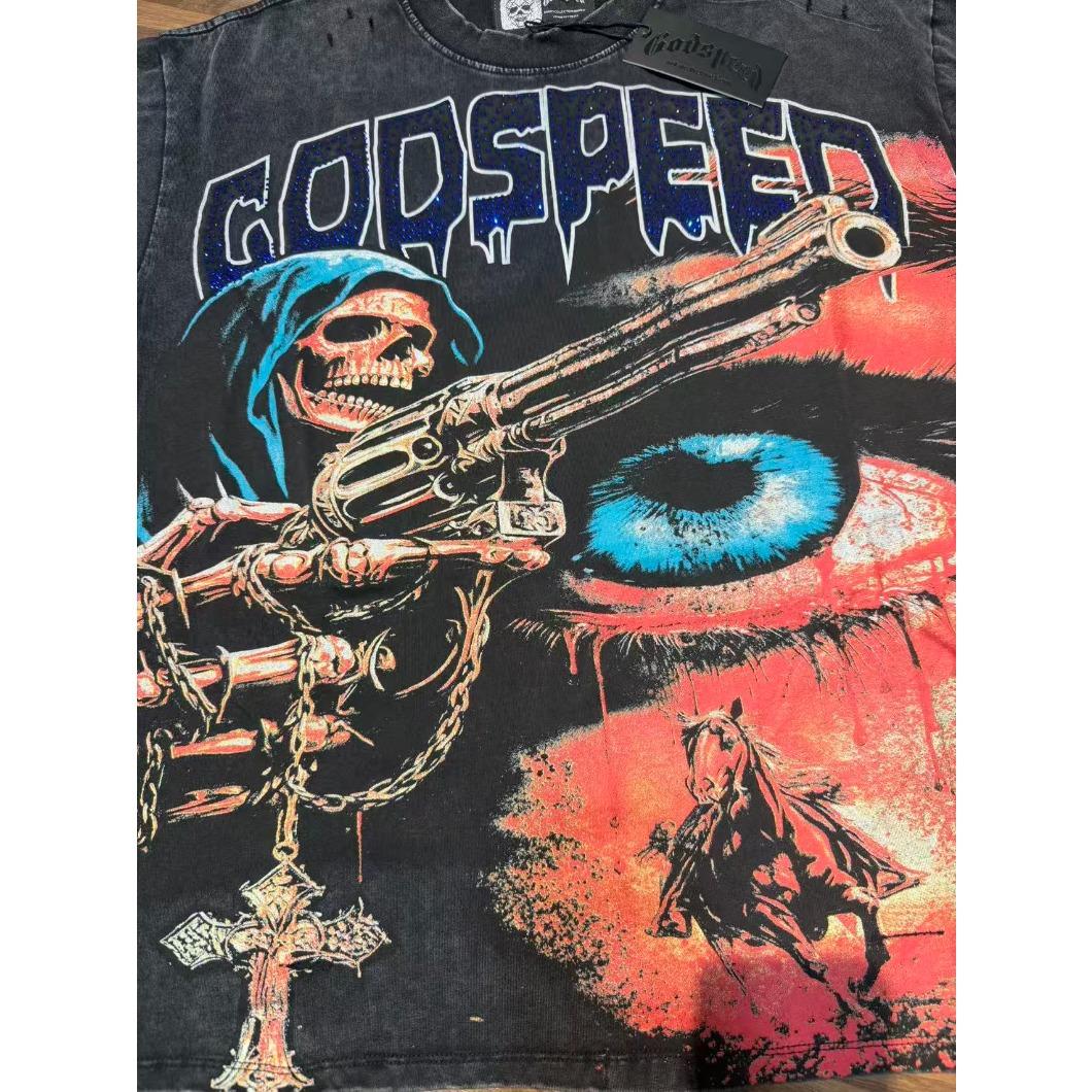 Real Photo Original Label Ripped Hot Drill Godspeed Short Sleeves T Shirt American Cotton Vintage Washed Rhinestone Bling Oversized Loose Unisex Round Neck Streetwear Hip Hop Y2K Casual Tops Tees With Tags For Men Women