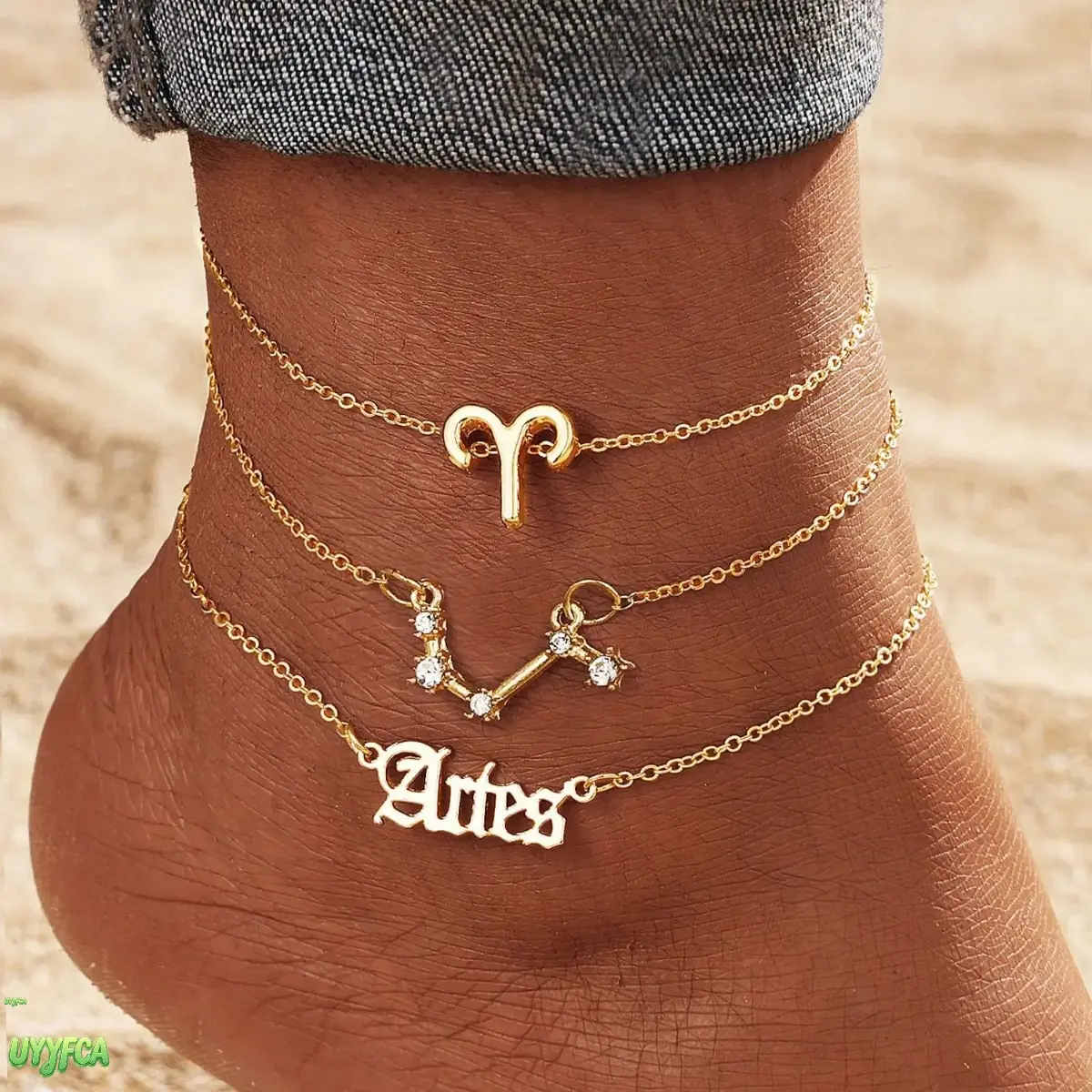 Female 3-Layer Gold Zodiac Anklet Set, Old English Font Nameplate, Rhinestone Constellation Star Ankle Bracelet, Boho Stackable Foot Chain, Beach Wear Sentimental Gift, All Seasons Zodiac Signs Jewelry for Sports & Outdoor Use
