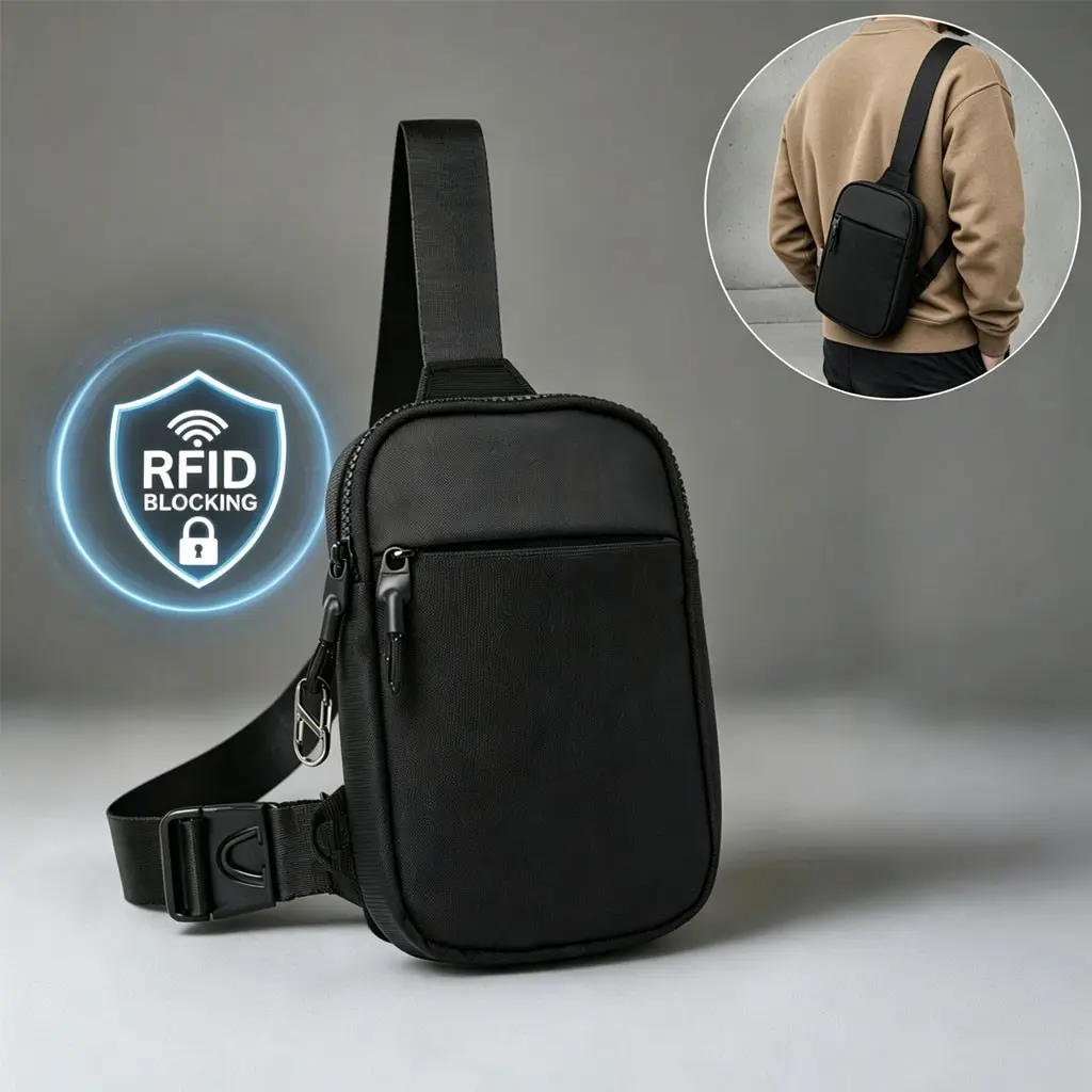 Men's Rfid Shielded Crossbody Bag, Anti-Theft Travel Backpack, Fits iPhone 16 Pro Max, Lightweight Chest Pack, Ideal for Flights, Outdoor Activities, Motorcycle Riding