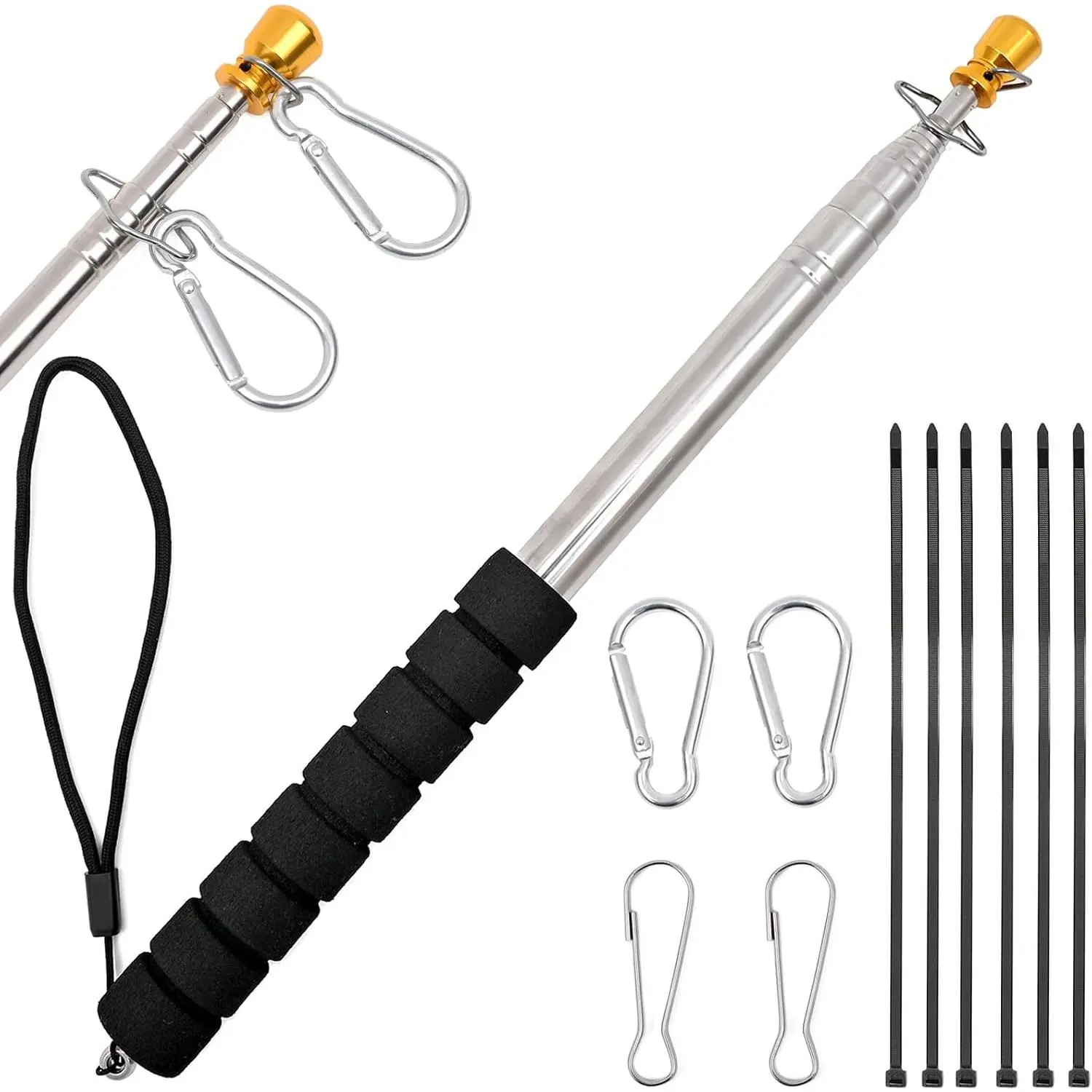 Portable Telescopic Handheld Flag Pole with Clips Zip Ties,6.56Ft Telescoping Flag Pole,Stainless Steel Extendable Tour Guide Flag Pole Telescopic Teachers Pointer Collapsible Flag Pole for 3x5 Flag