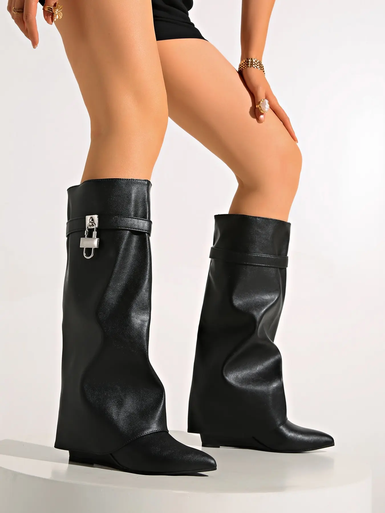 2026 New Pointed Toe Invisible Heel Pant Boot for Women, PU Leather, Metal Buckle, Foldable, Above Ankle, Fall & Winter Fashion Boots