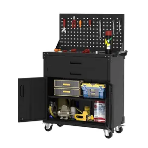 Garvee Tool Chest Cabinet Mobile Garage Workbench with 2 Drawers and Pegboard, 31.5 in Heavy Duty Metal Rolling Tool Cabinet with Adjustable Shelf for Garage Warehouse Workshop, Black