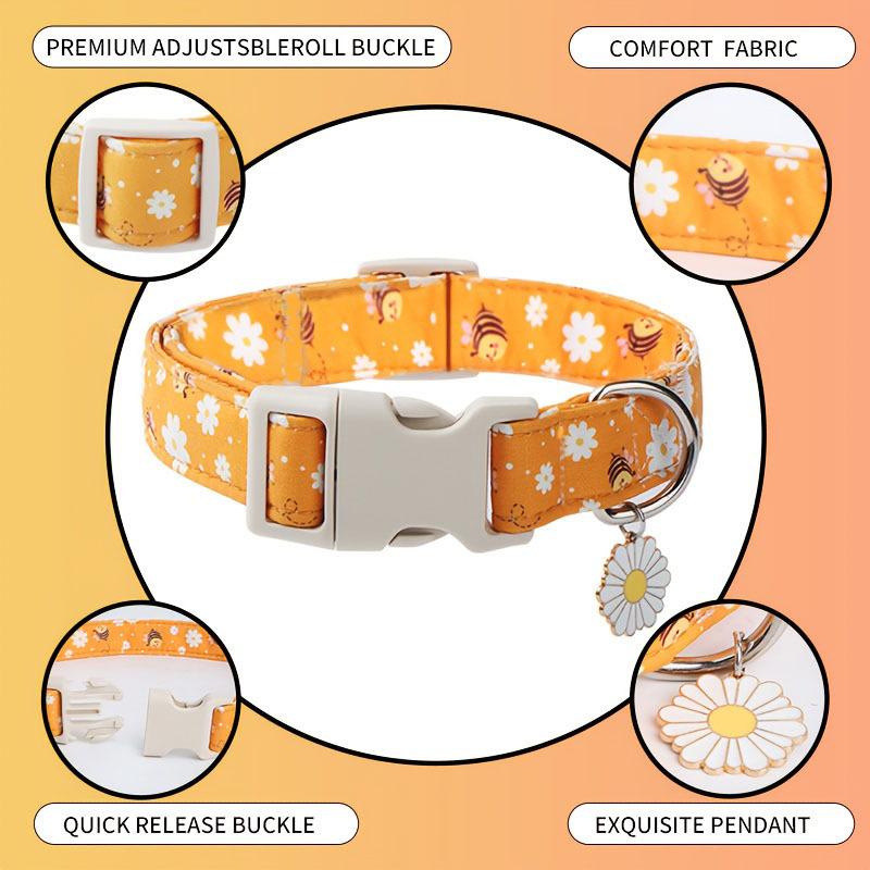 Personalized Bee & Daisy Dog Collar - Cute Orange Floral Collar with Quick Release Buckle, Adjustable & Durable for Small Medium Dogs Cats