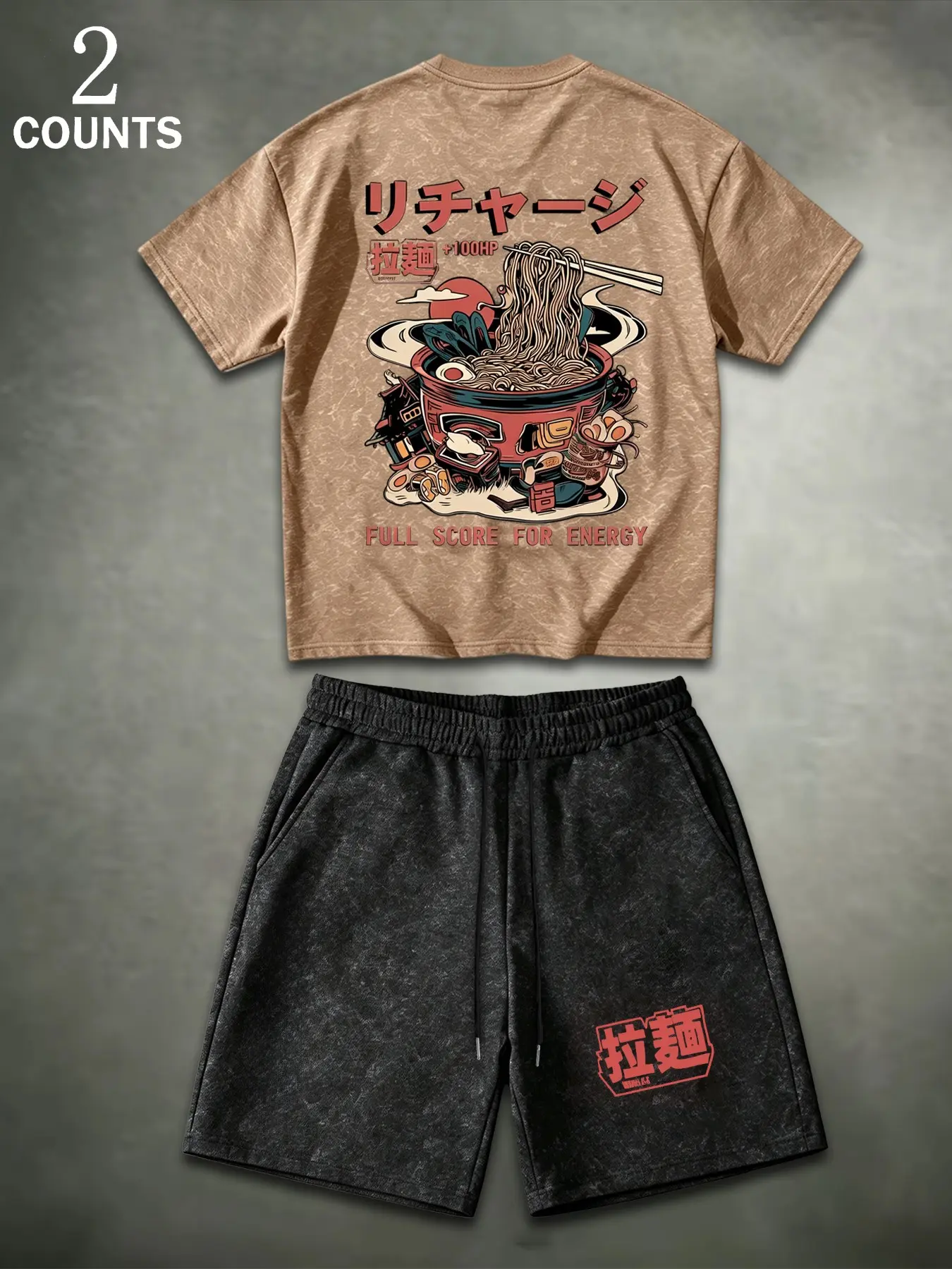 Men's Japanese Ramen Anime Print Short Sleeve Set, Loose Fit, Breathable Fabric, Street Style, Home & Fitness Wear, Retro Anime Fashion, Clothes