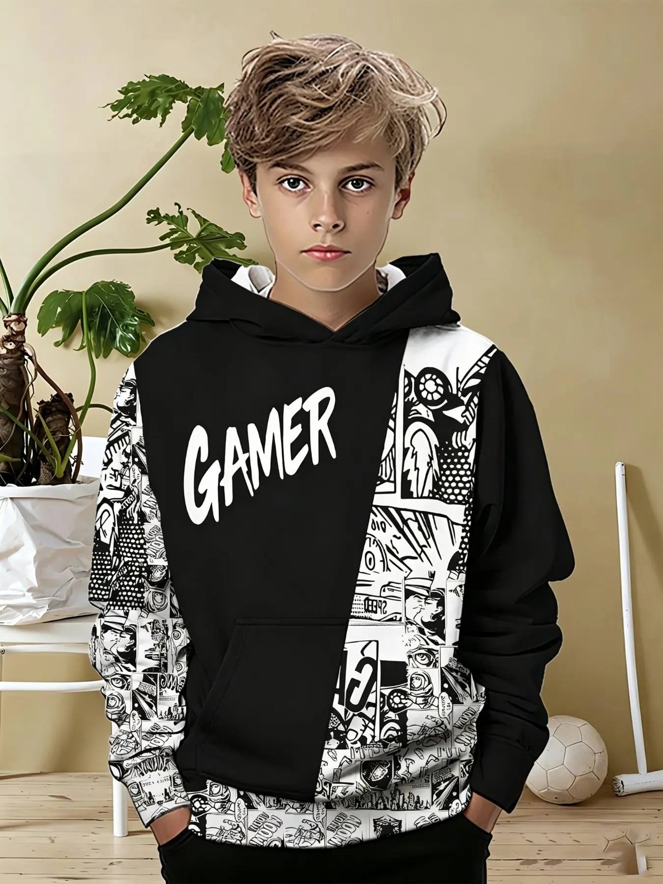 Patchwork Hooded Sweatshirt, Gamer Comic Print, Youth Trendy Pullover, Casual Loose-Fit Fall Top