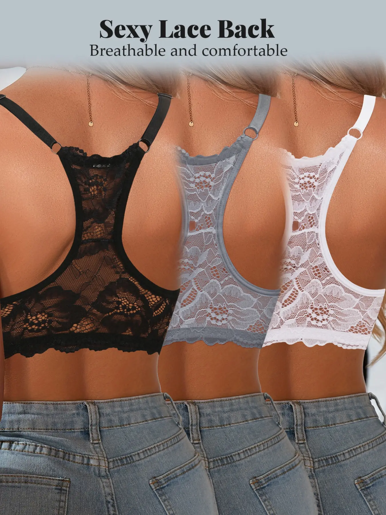 3/4PCSWomen underwire front clasp push-up bra, easy on-off lace racerback, adjustable straps for side fat control, soft snug fit, great for daily dates, low-cut & backless outfits.