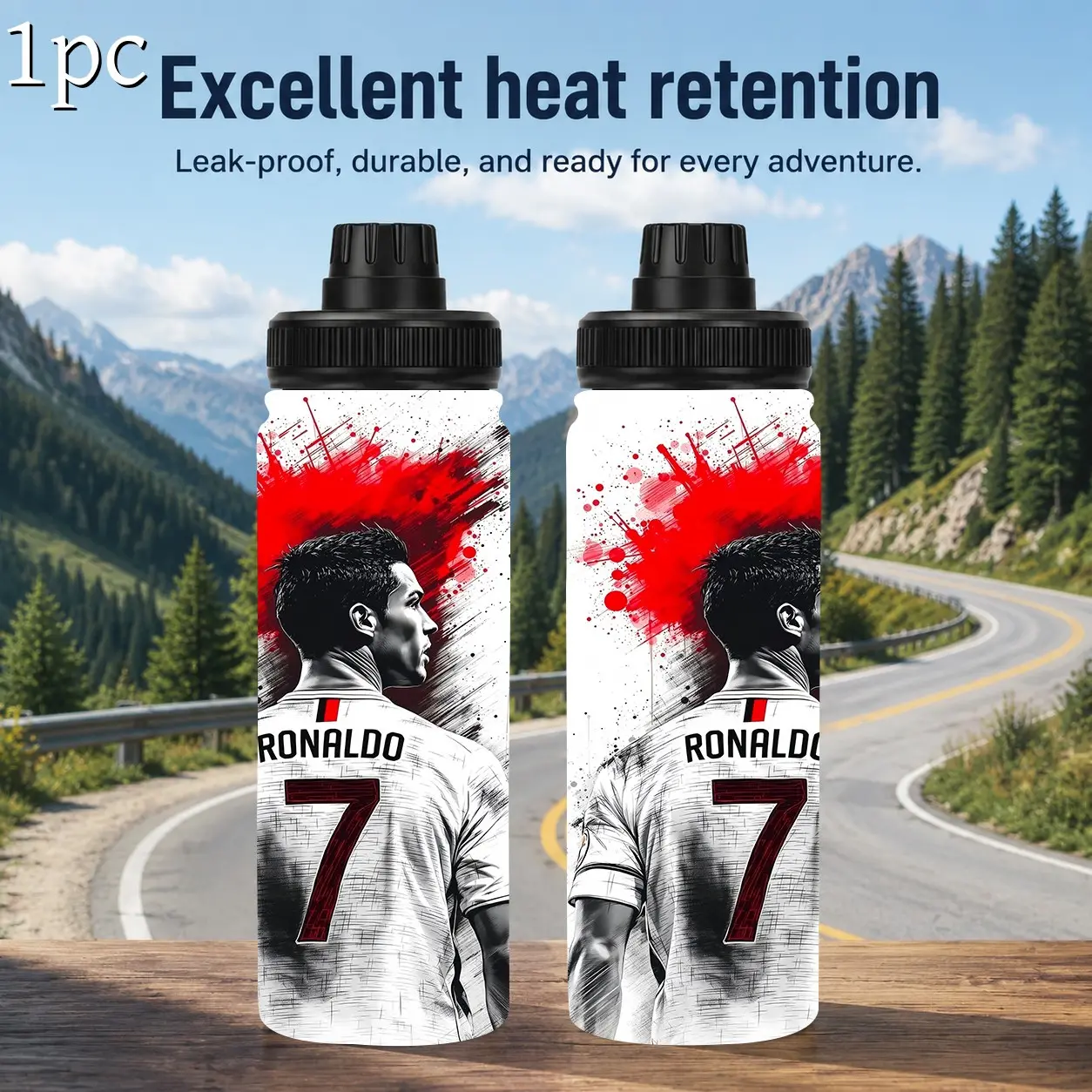 1pc 20oz Double Wall Vacuum Stainless Steel Tumbler With Screw Carry Lid, Ronaldo Number 7 Ink Splash Football Printed Water Bottle, Insulated water bottle, Portable Insulated Tumbler, Suitable For Sports, Gym, Daily Commute And Outdoor Activities