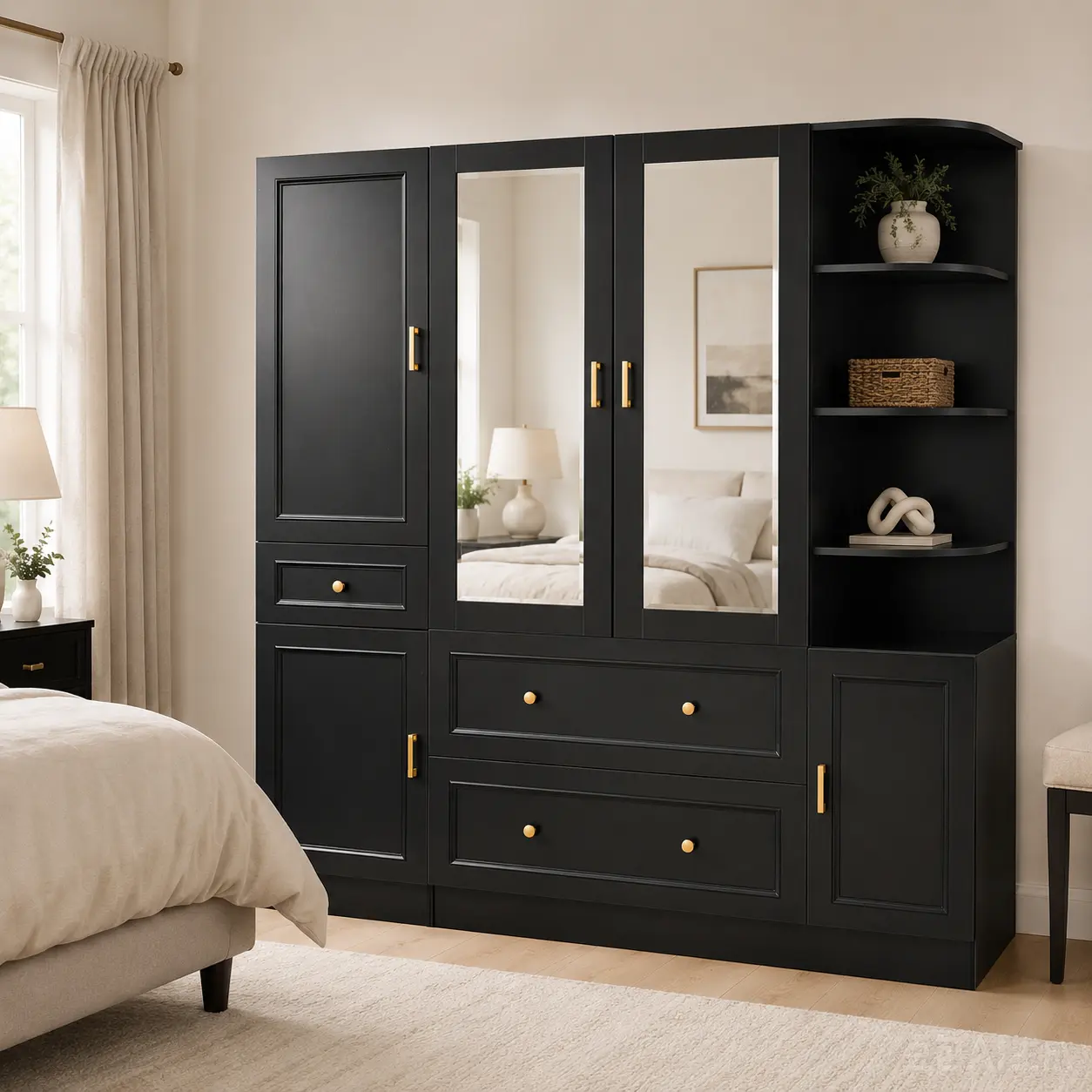 Armoire Wardrobe Closet with Mirror, Freestanding Clothing Storage Cabinet with Hanging Rod, Drawers, Open Shelves & Doors, Large Bedroom Garment Organizer with Gold Handles
