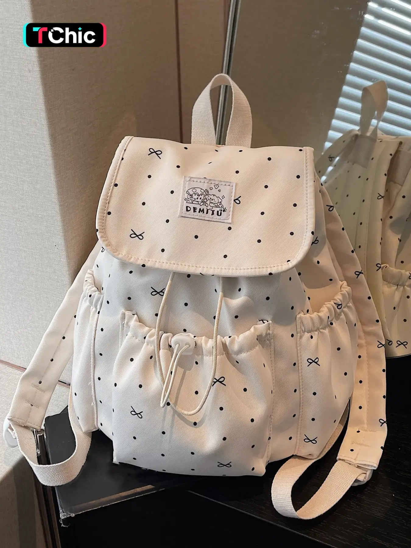 Cute polka dot bow print women's backpack, drawstring flip casual backpack, cartoon label decoration large capacity multi pocket daily bag, sweet style school travel backpack, Student Class backpack