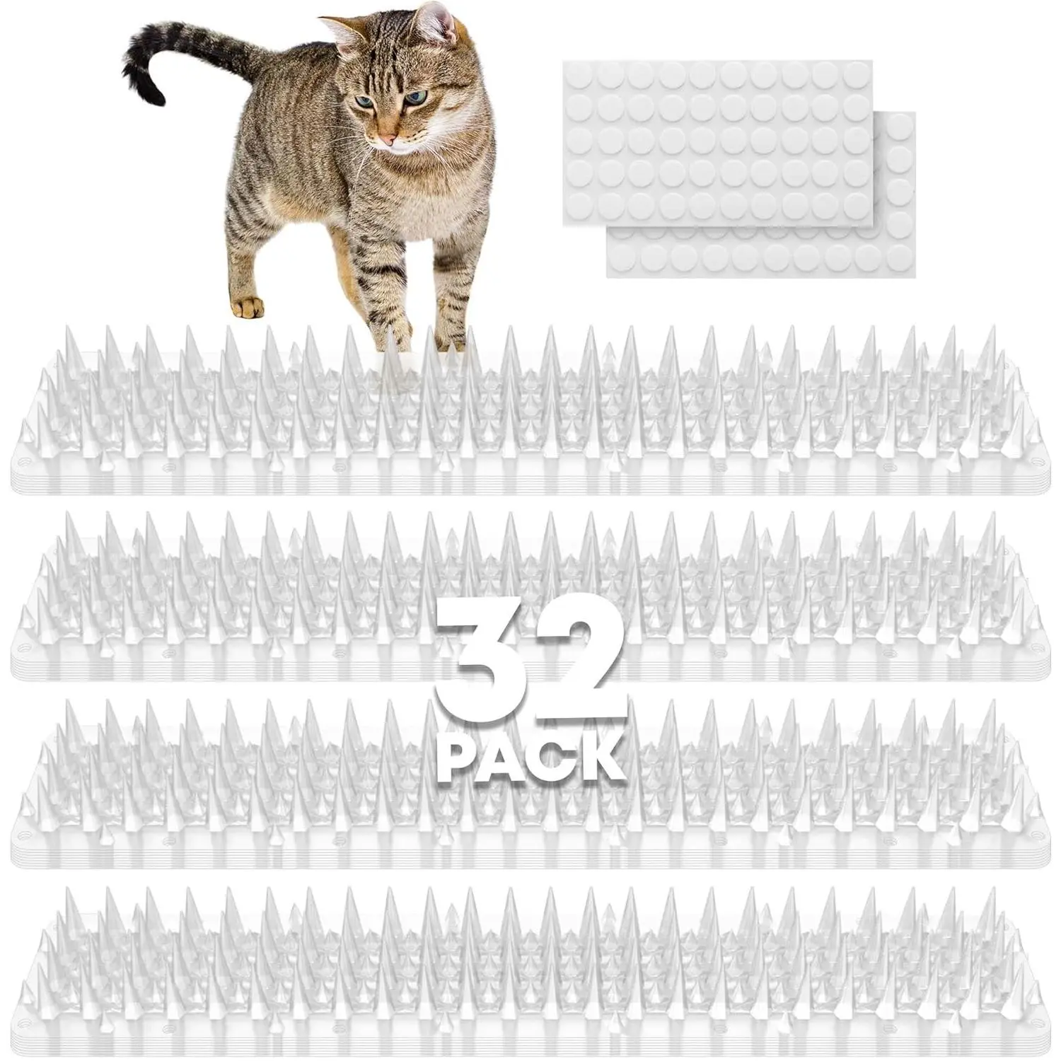 32 Pack Scat Mat - 13.3 x 3.3 Inch Cat Spike Mat With 1 Inch Spike Is A Perfect Pet Training Mat For Cat Repellent Indoor & Outdoor To Deter Cats, Dogs & Other Animals For All Seasons (Clear)