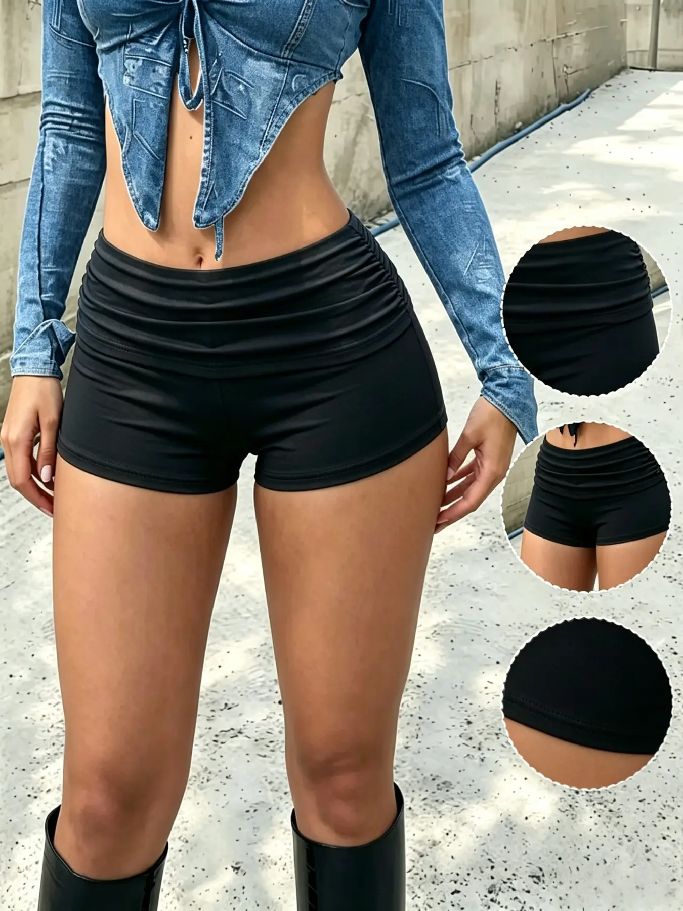 Women's Ruched Hem High Waist Motorcycle Shorts, Soft Stretch Bodycon Mini Pants, Casual Club Tight Yoga Hotpants, Stretch Knit Shorts