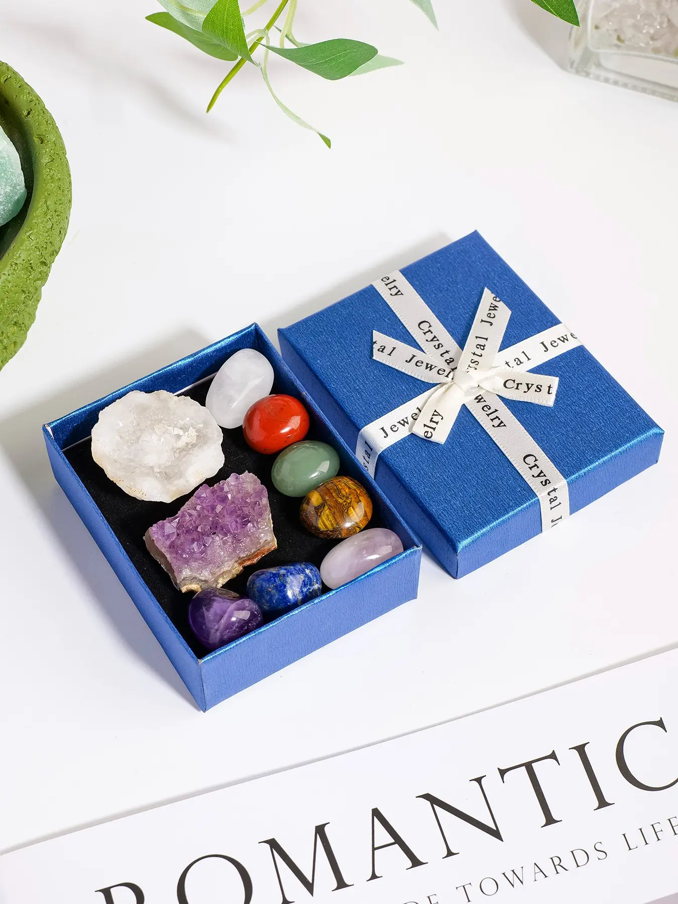 7-Piece Chakra Stone Crystal Gift Set, Amethyst Cluster Agate Geode Natural Healing Crystals, Meditation Starter Kit, Wellness Essentials