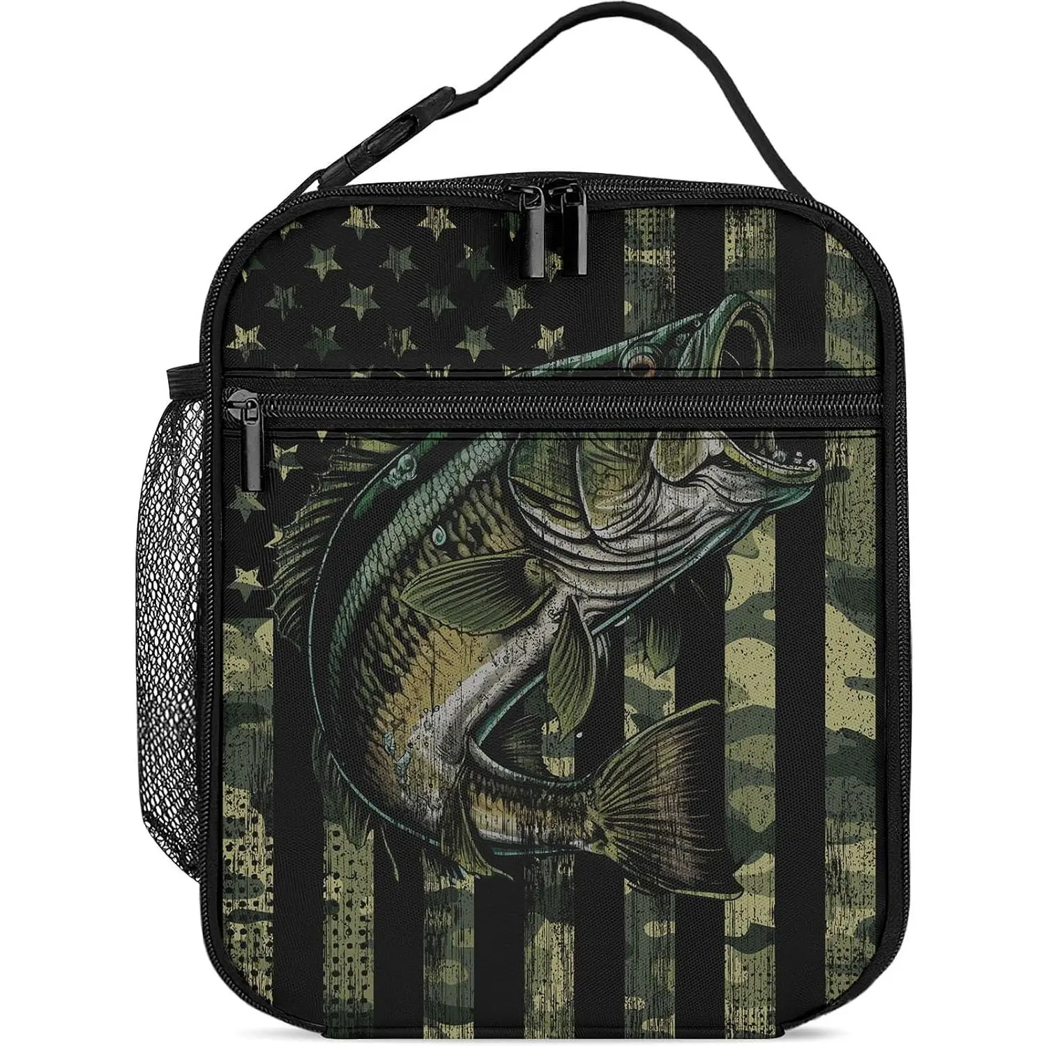 Camouflage Flag Fish Lunch Box Kids Insulated Camo Lunch Bag for Boys Men |   Reusable Lunchbox, Cooler Tote Bag, Water Bottle Holder, Leak-Proof Lining, Lightweight, Portable, For School Office Picnic
