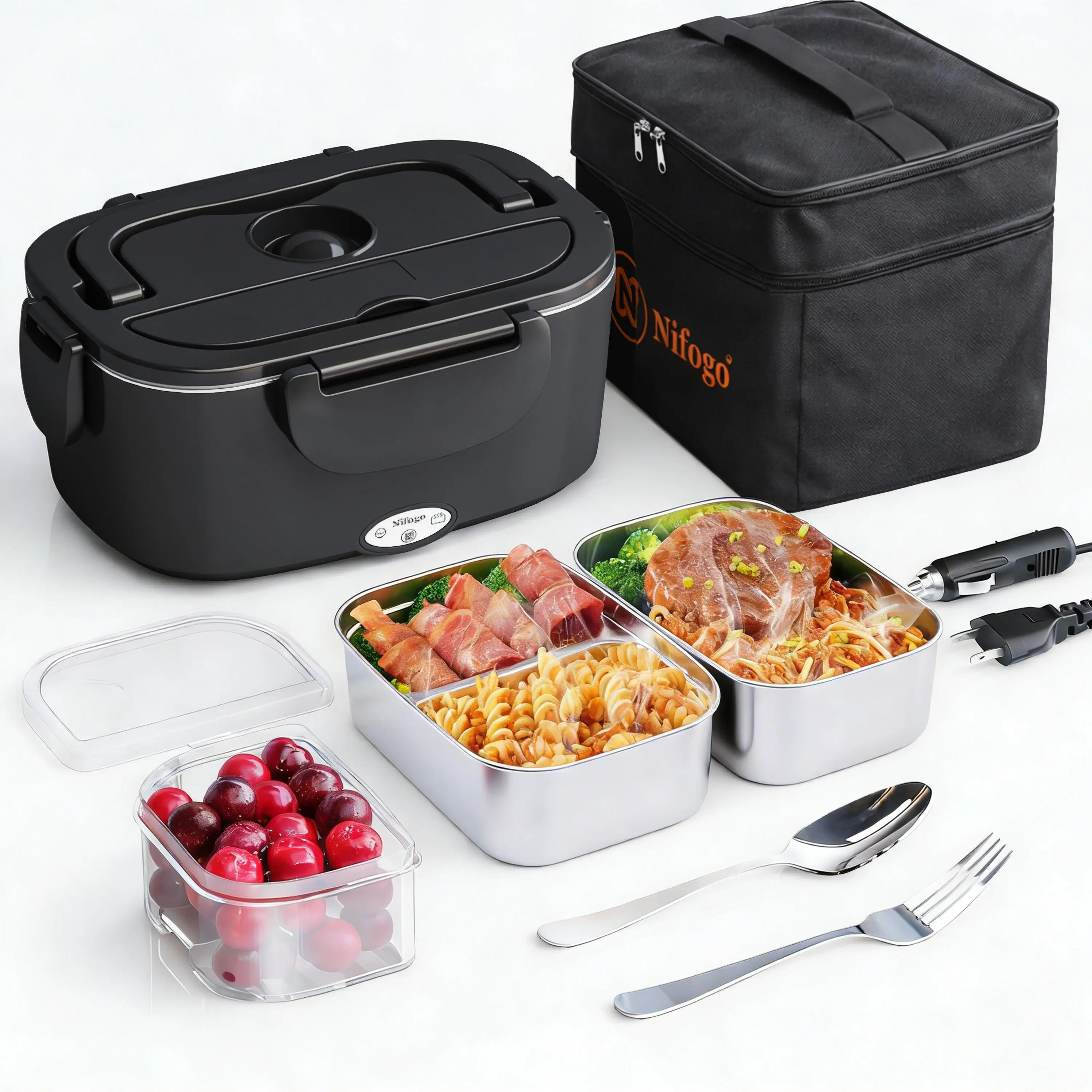 Electric Lunch Box 1.8L for Adults,Food Heater, 12V/24V/110V Portable Lunch Warmer Upgraded Heated Lunch Box for Car/Truck/Office with Fork&Spoon and Insulated Carry Bag