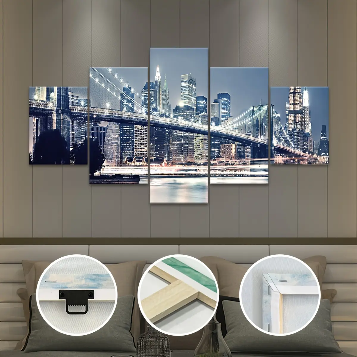 5-Piece Urban Riverside Bridge Canvas Art Print, Hangable Indoor Landscape Decor, Modular Printed Poster, Contemporary Art, Ideal for Bedrooms & Living Rooms, Great Gift for Friends