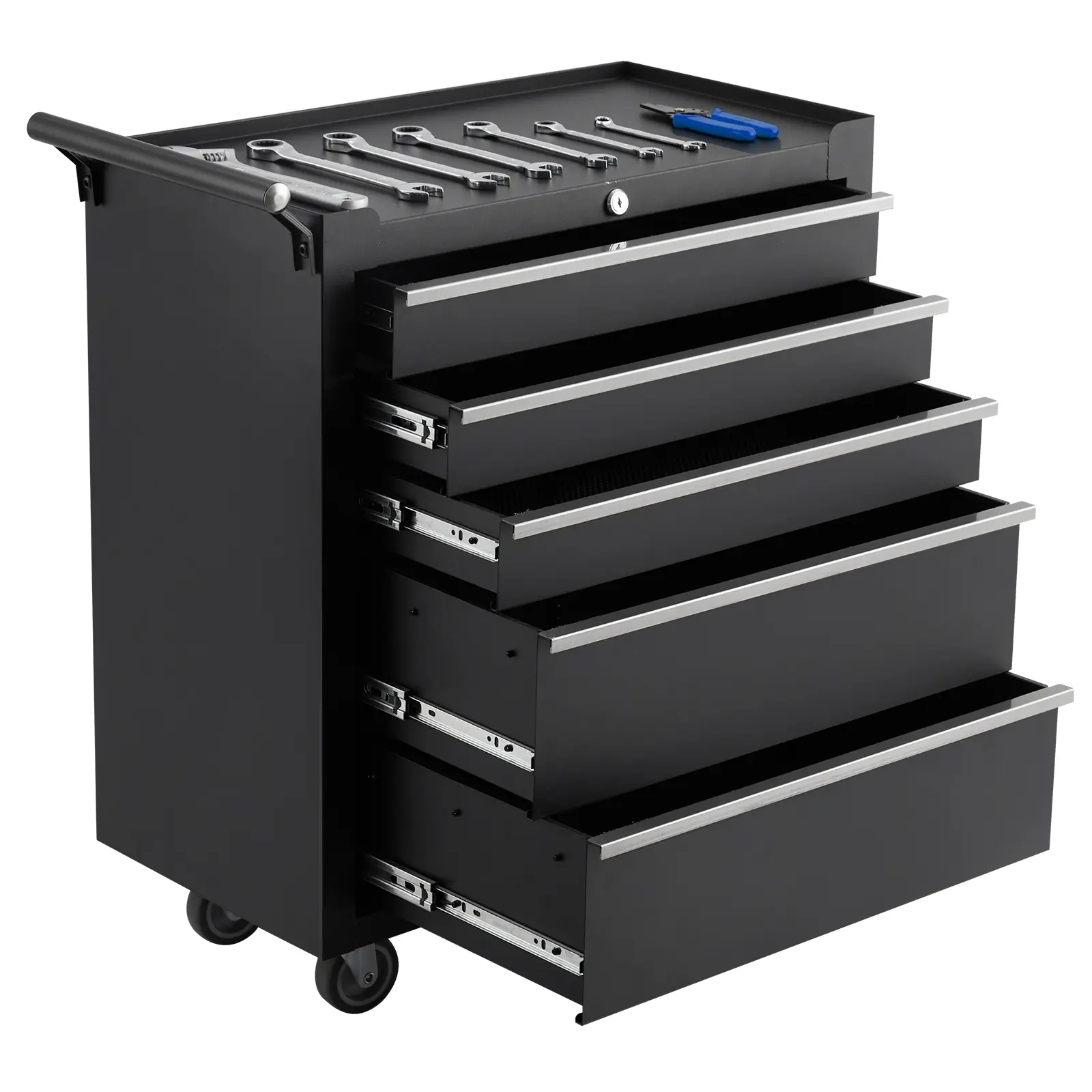 5-Drawer Rolling Tool Box, Multifunctional Tool Storage Cabinet On Wheels with Locking Mechanism, Parking Brake, Portable Garage Tool Cart for Warehouse, Workshop, Repair Shop