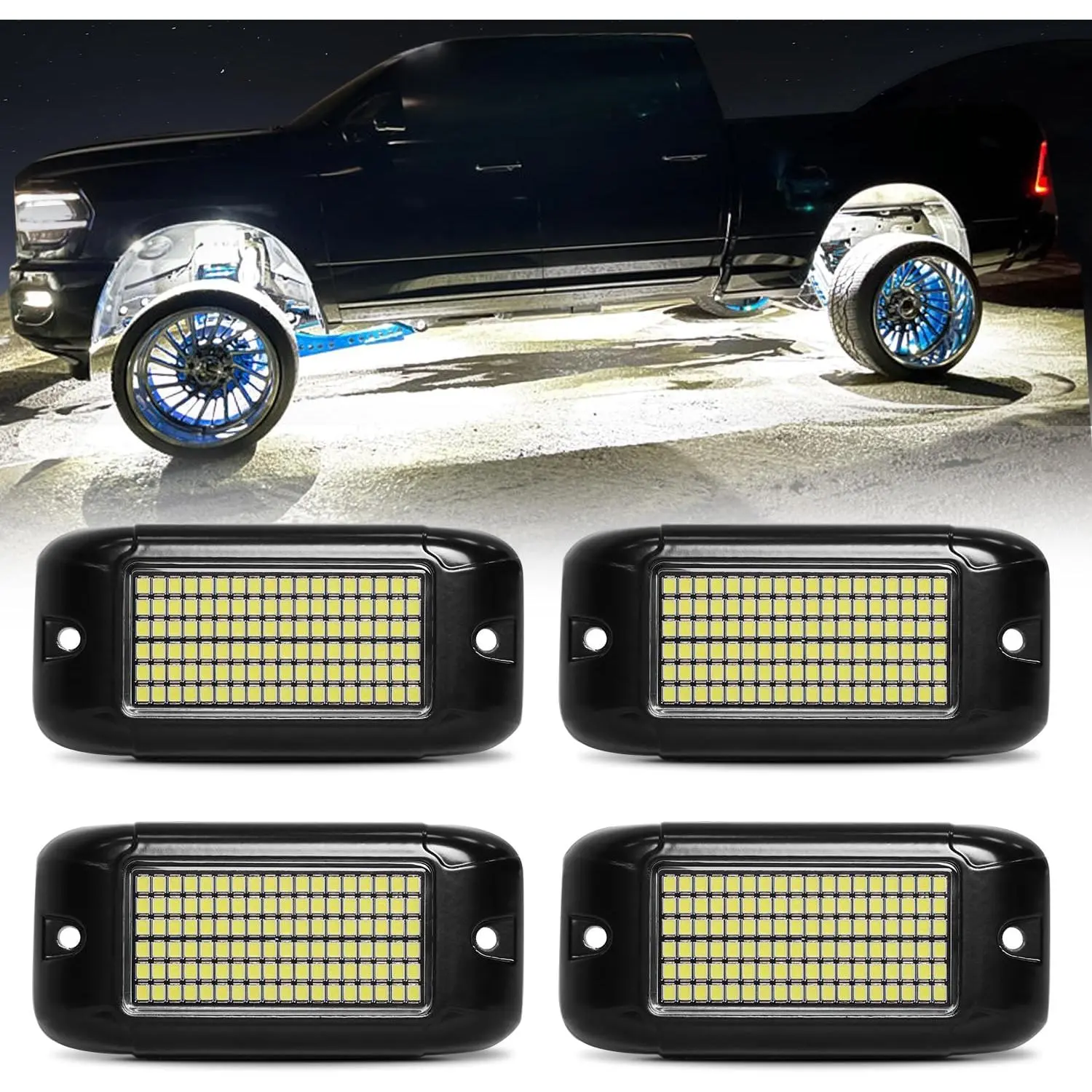 108 High-Power LEDs per Pod 4Pods Pure White Rock Lights Ultra-Bright Offroad Underglow Kit Advanced Heat Dissipation IP68 Waterproof for Truck, SUV, UTV, ATV, RZR