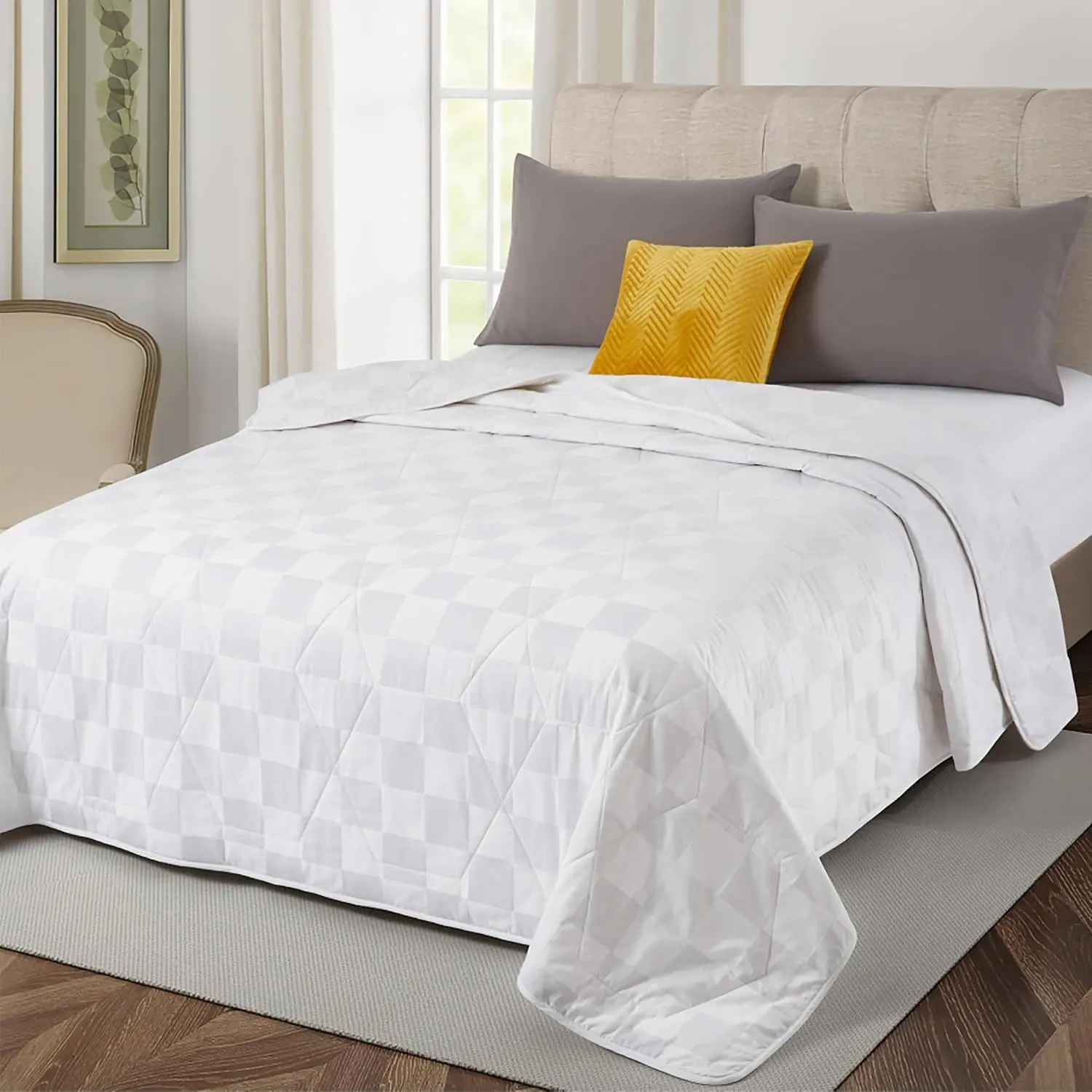 Lightweight White 100% Cotton Comforter Queen Size, All Seasons Bedspread Thin Organic Cotton Filled Blanket, Durable Breathable Quilt for Hot Sleepers (Queen, Block)