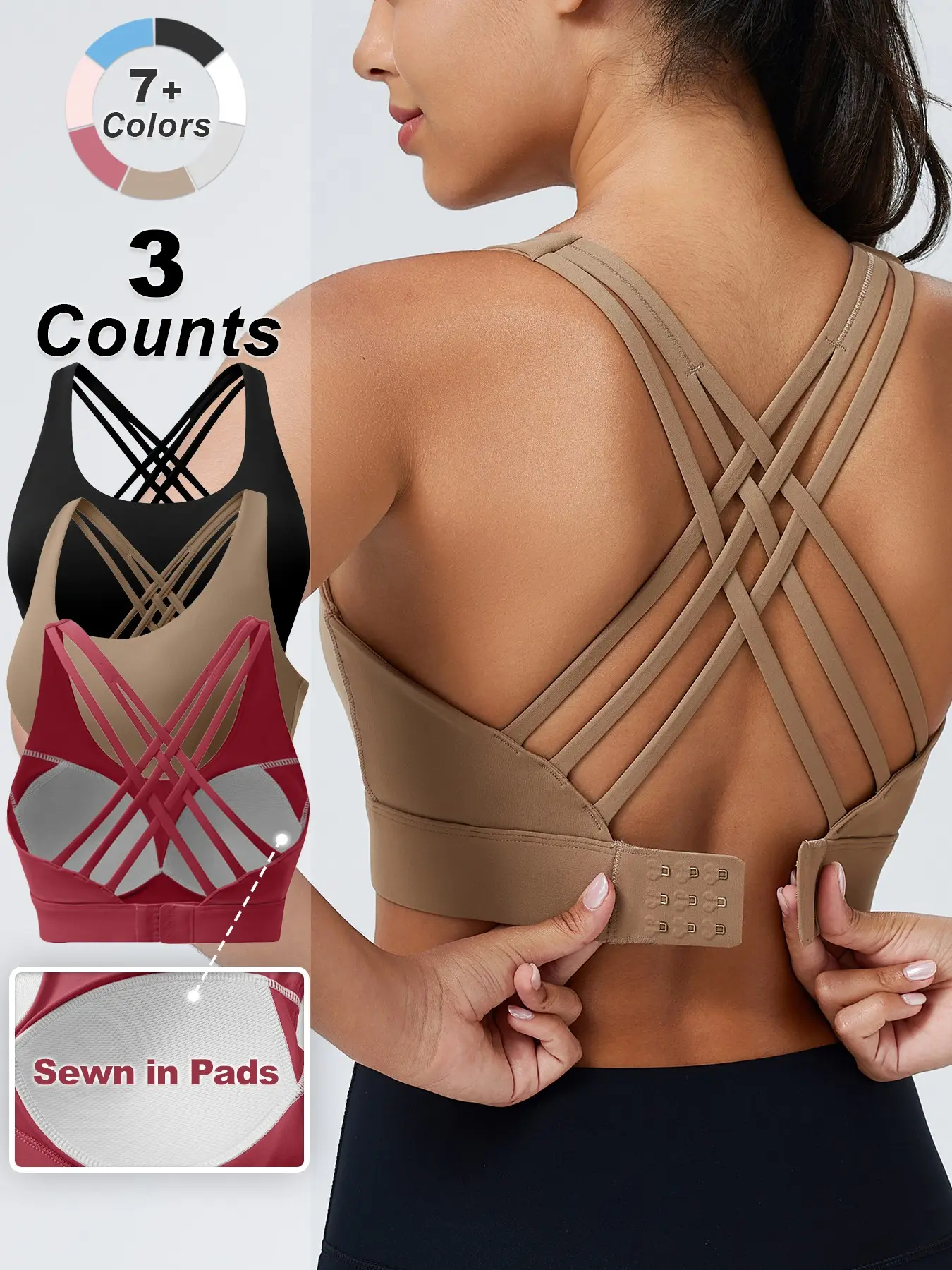 Sports Bra with Sewn in Pads,3 Row Adjustable Hook-eye Closure Criss-Cross Back,Soft and Breathable Non-removable Moulded Cups,High Impact Running Workout Bras for Women, Supportive Gym Bra, Fitness Bra,MothersDay Gifts