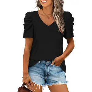 Womens Summer V Neck Casual Tops Puff Sleeve T Shirt Solid Color XS-3XL Womens Summer V Neck Casual Tops Puff Sleeve T Shirt Solid Color XS-3XL