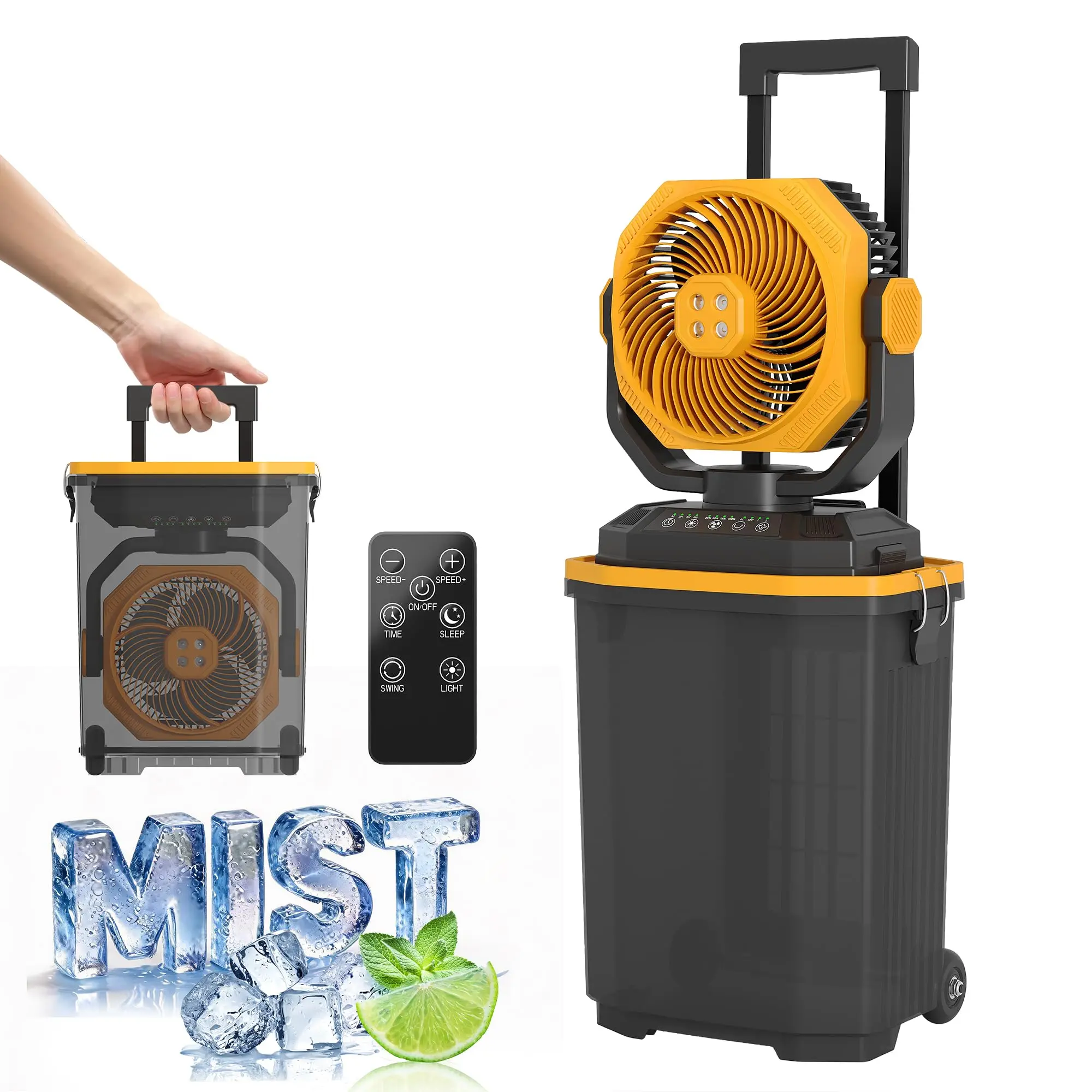 Portable Misting Camping Fan - 15L Water Tank, Oscillating Outdoor Cooling Fan with Remote, Pull Handle & Wheels, Suitcase Design