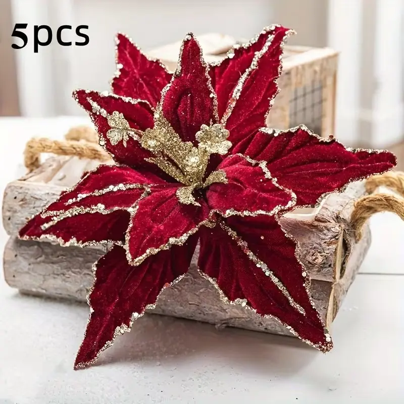 Set of 5 Christmas Floral Arrangements, 10.2-Inch Artificial Sequin Velvet Poinsettia Bouquet Suitable for Tree Decoration, Festive Centerpiece, Wreaths, Arrangements, And Indoor Or Outdoor Party Decor, Requires No Electricity