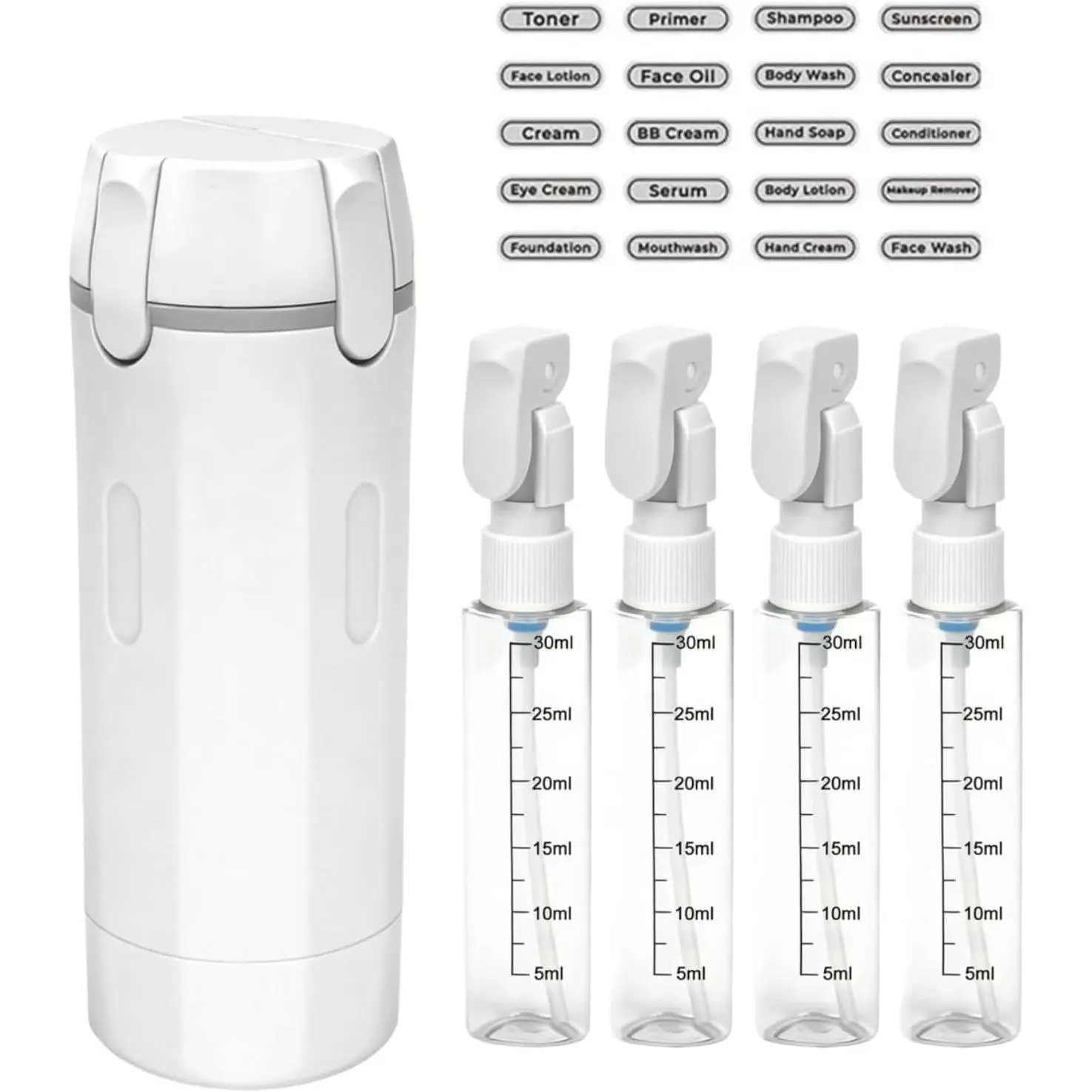 4 in 1 Travel Dispenser, 4 Pack 30ML Travel for Toiletries, Leak Travel Size Containers, for Shampoo Conditioner (White)