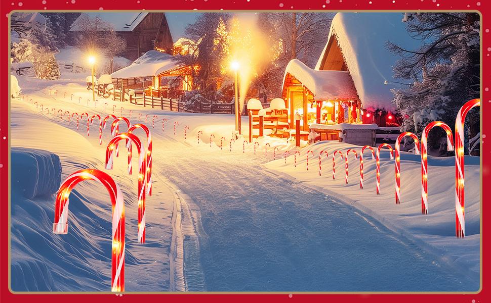 Candy Cane Christmas String Lights, Connectable Pathway Lights, 10-Piece Pathway Light Set Ideal for indoor/outdoor pathways, patios, gardens, lawn decorations, Christmas tree decorations, garden holiday decorations, and outdoor decor QH Red Ornaments