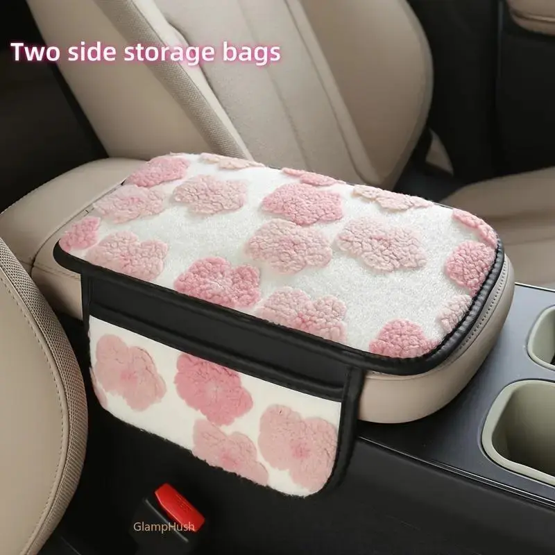 Floral Plush Car Armrest Pad, Cute Fleece Center Console Cover with Side Pocket, Universal Fit Car Decor Accessories for Winter, Accessories For Car