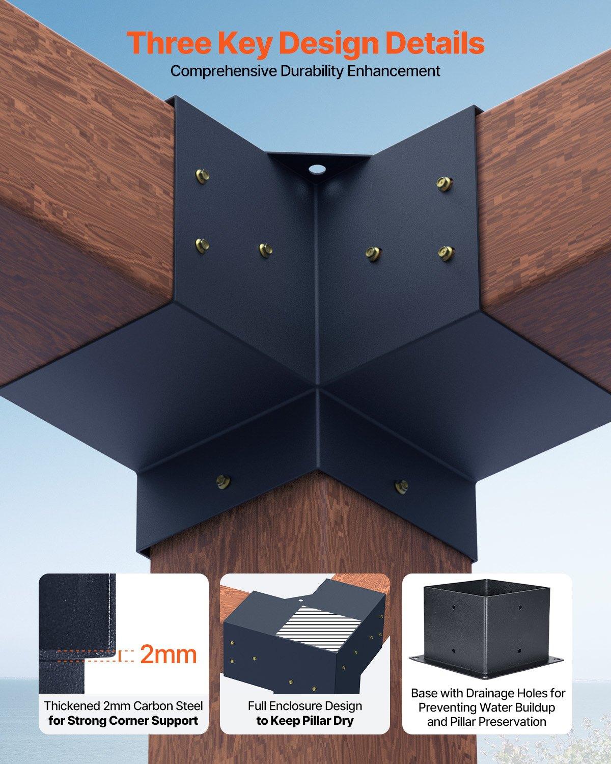 VEVOR Pergola Bracket Kit, 6x6 Inch (Inner Size 5.5x5.5), 4 Pcs 3-Way Heavy Duty Corner Bracket Woodworks DIY Post Base Kit, Easy Installation Wooden Beams for Gazebos, Patio Pergolas, Log Cabin