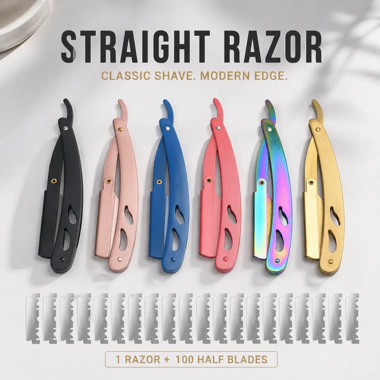 Professional Men's Shaver, Straight Razors, Stainless Steel Edge Barber Handle Razor with 100 Replaceable Blades,Manual Beard Shaving Care Tool Handheld Straight Edge metal Razor refills mens having razor Ultra-Thin classic men kit easy replacement smooth