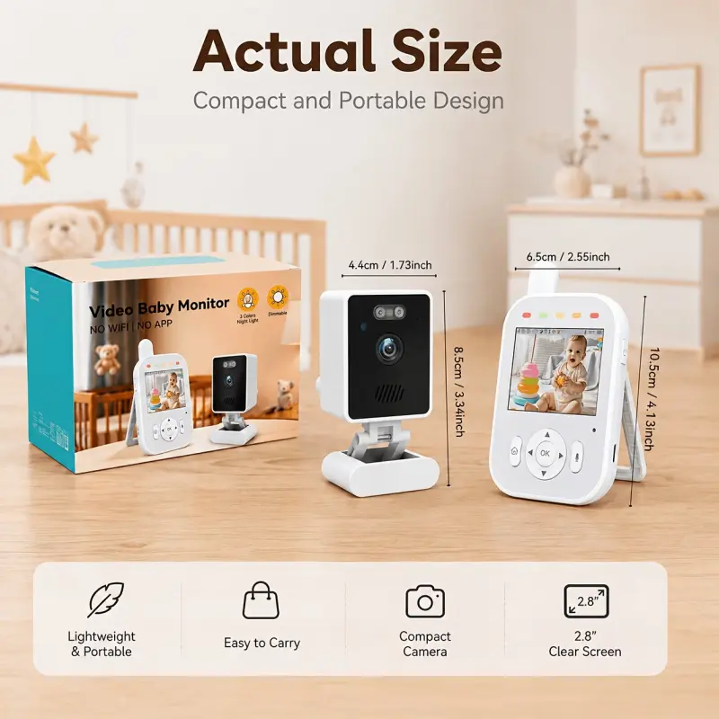 2.8 Inch Monitor, Nursery Indoor Surveillance Camera, Bidirectional Voice, No Internet Needed, 720p Real-Time Image, Sound, Temperature, Feeding Alert