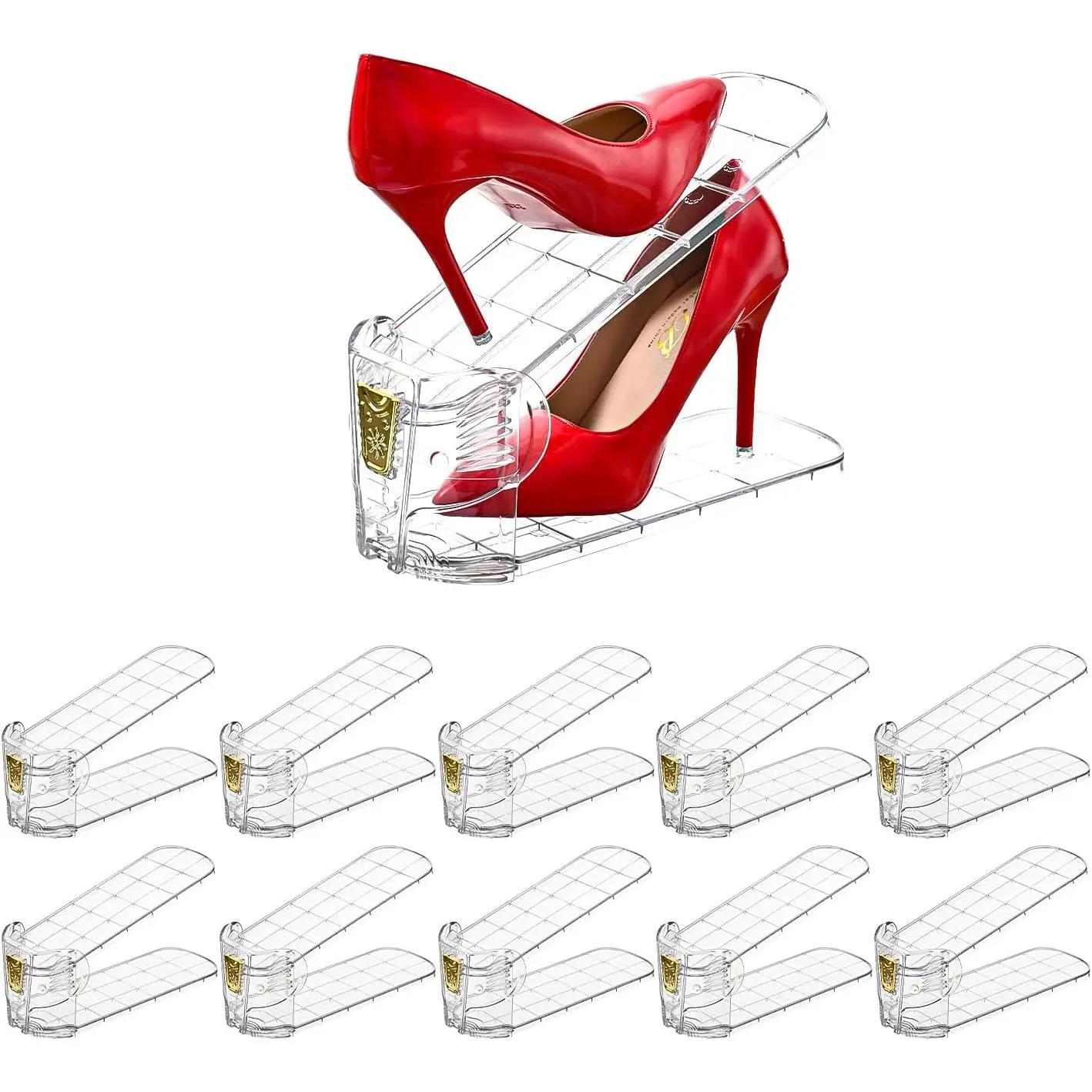 Shoe Slots Organizer,Elephant Shoe Rack  and Thick,Clear Shoe Stacker with 3 Adjustable Level for Sneakers Display (Transparent - Golden, 10Pack)
