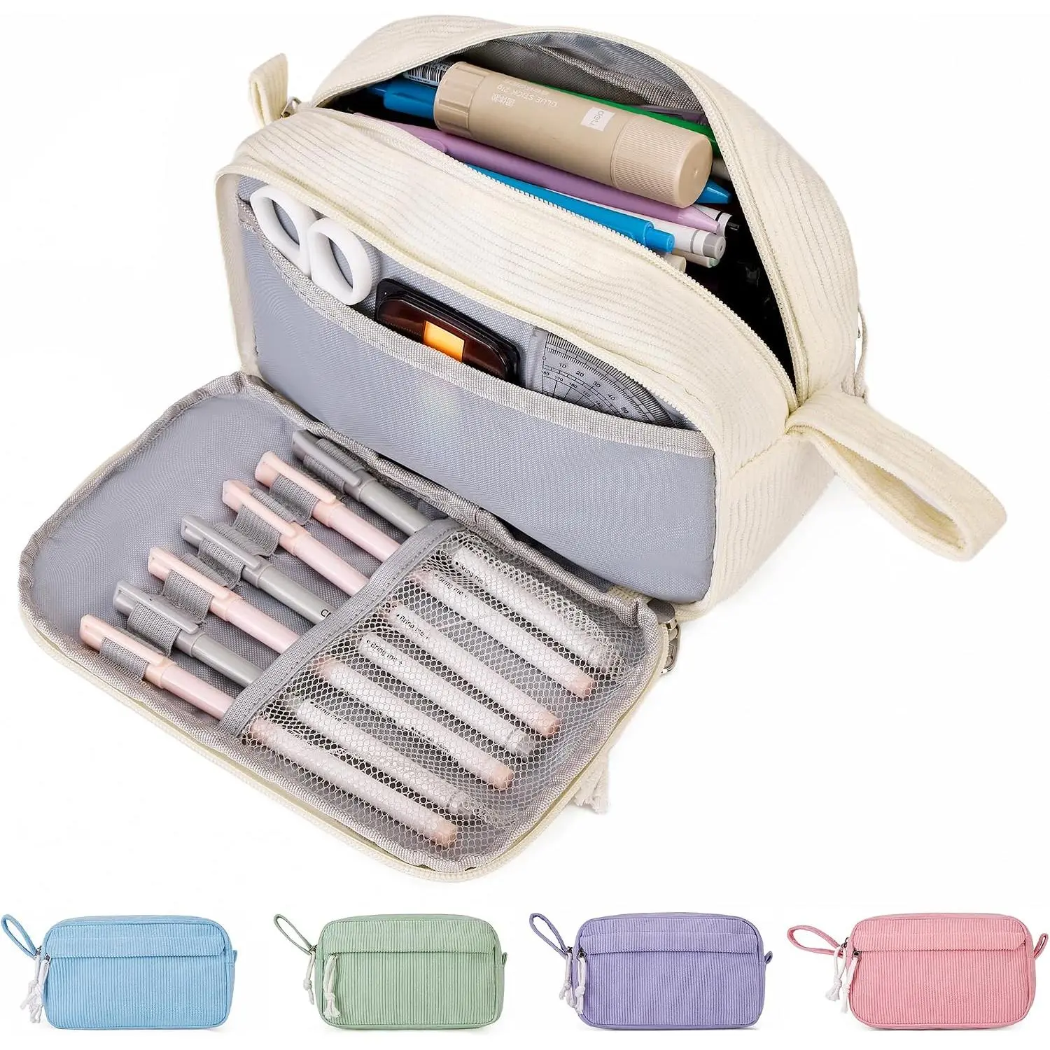Big Capacity Pencil case,Soft Corduroy Pencil Bag with 3 Compartment,Pencil Pouch School Supplies Cute Pencil Box Pencil Bag for Teen Girls Boys College
