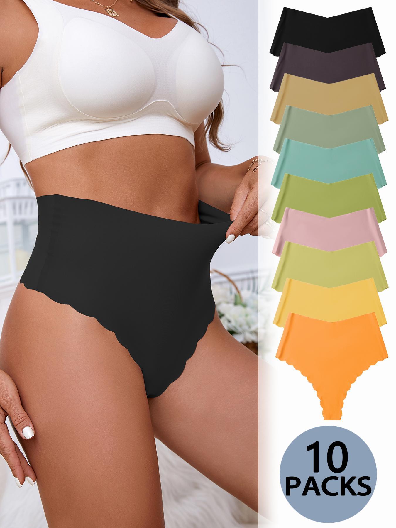 Women's Solid Scallop Trim High Waist Panty, Soft Comfy Breathable Seamless Knicker for Daily Wear, Underwear for All Seasons, High Waisted Seamless